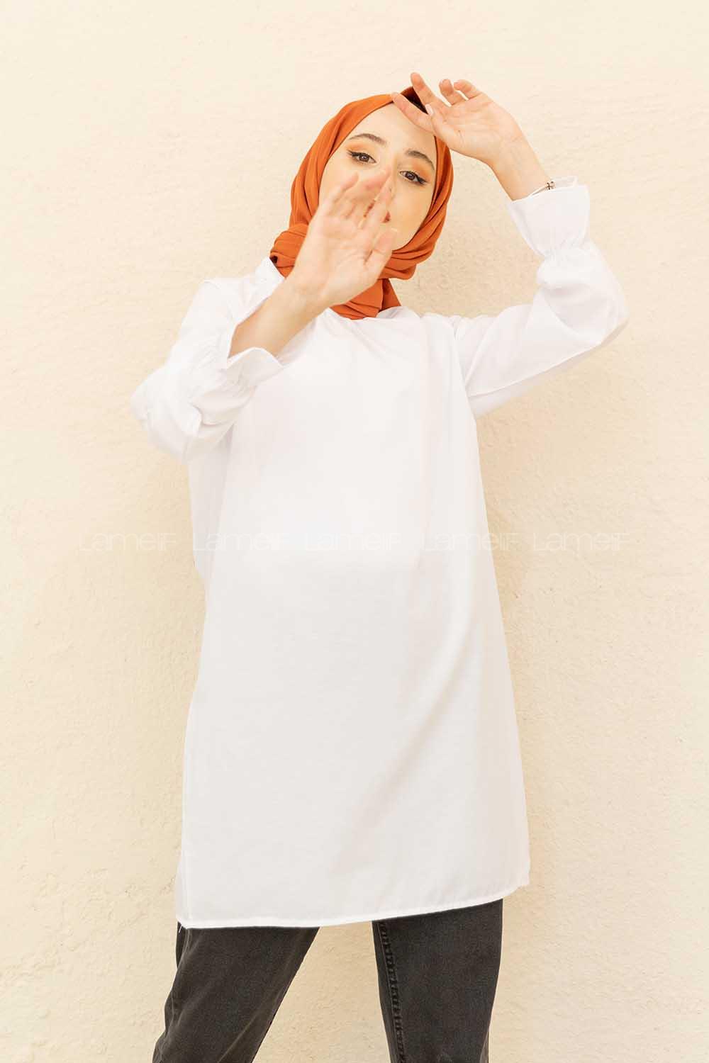 Modalamelif Kol Lastikli Hakim Yaka Tunik Beyaz