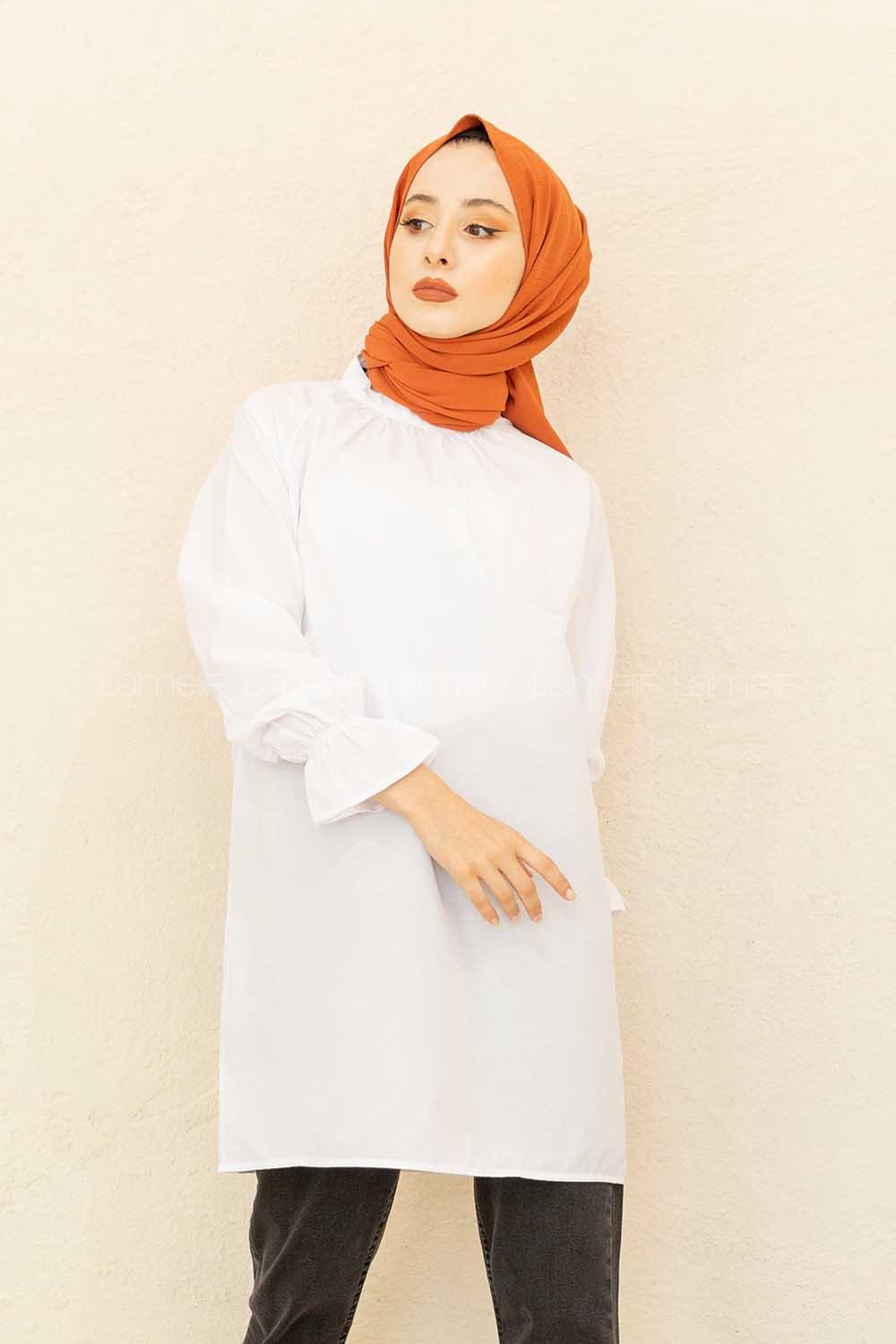 Modalamelif Kol Lastikli Hakim Yaka Tunik Beyaz