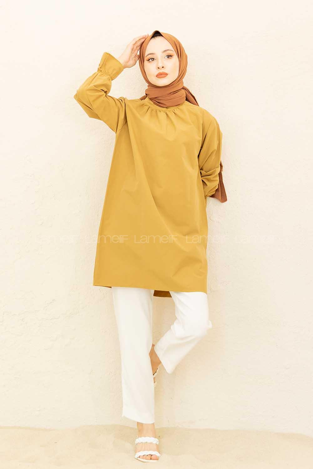 Modalamelif Kol Lastikli Hakim Yaka Tunik Yağ Yeşili