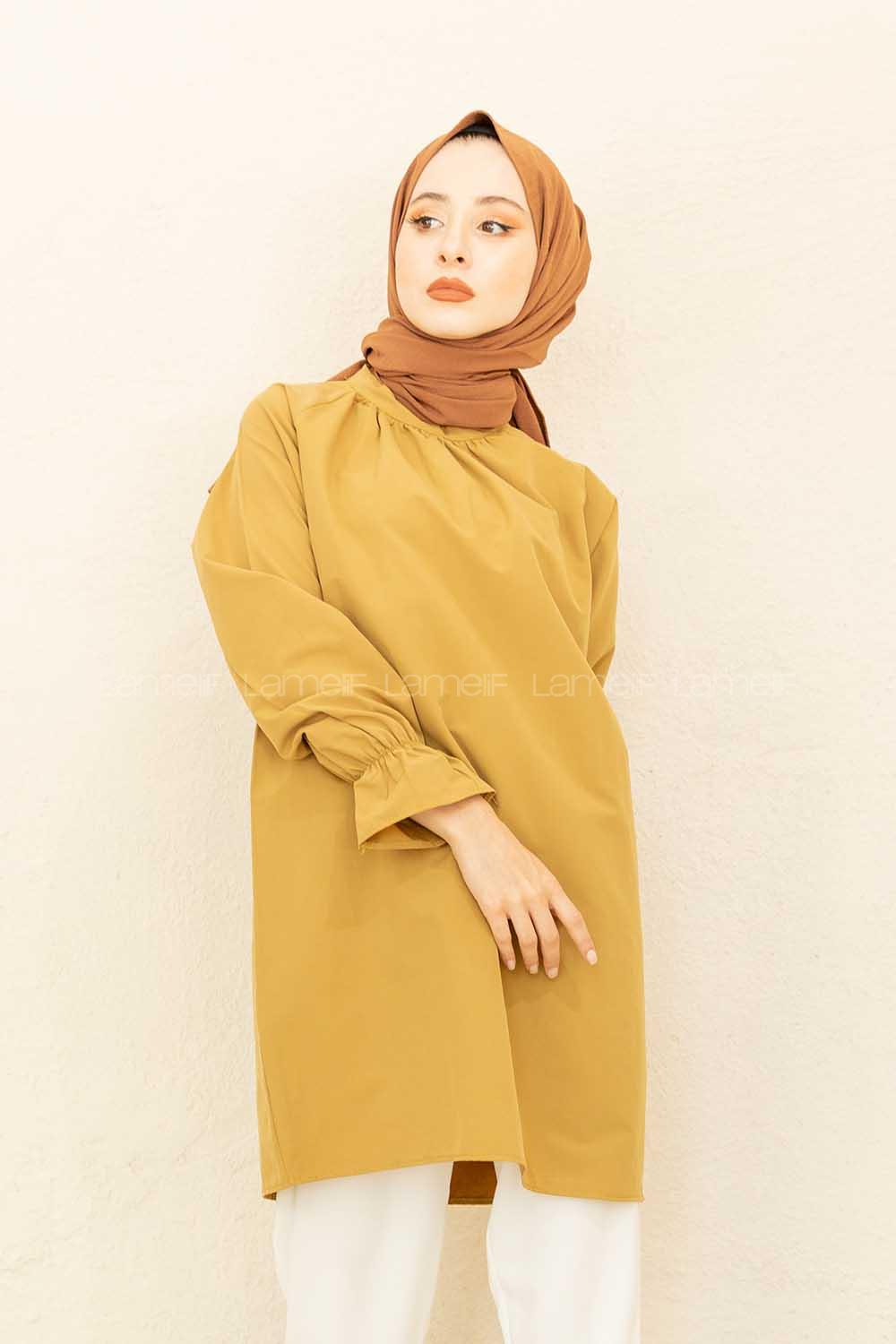 Modalamelif Kol Lastikli Hakim Yaka Tunik Yağ Yeşili