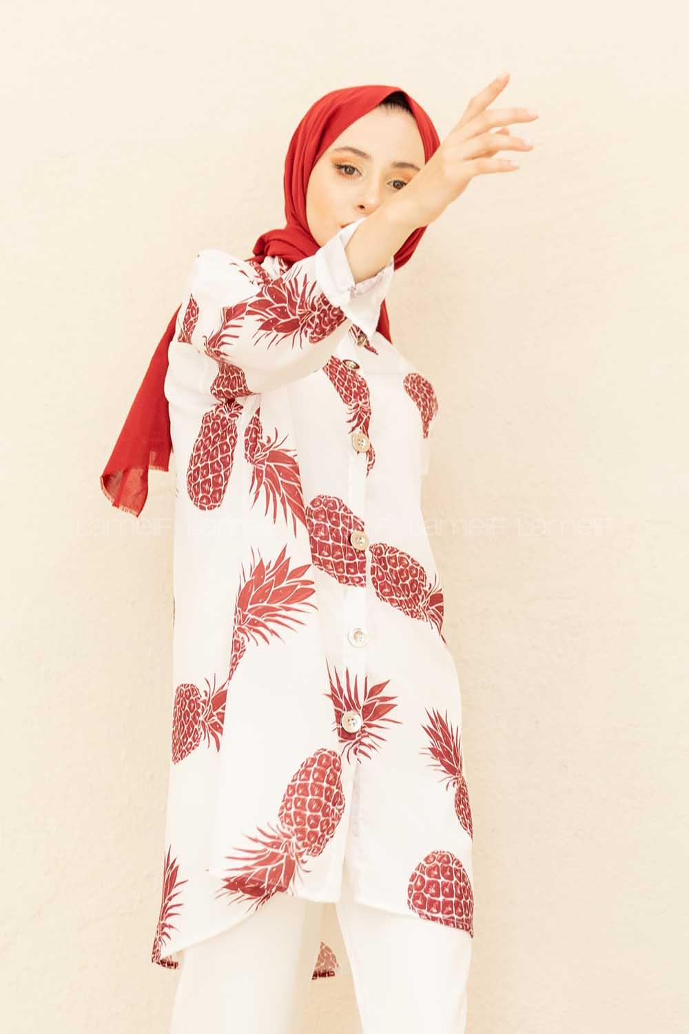 Modalamelif  Ananas Basklı Gömlek Ekru Bordo