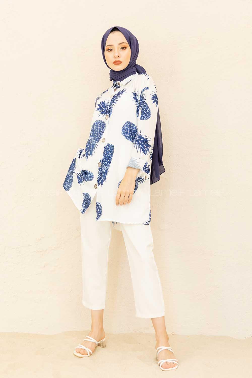 Modalamelif  Ananas Basklı Gömlek Saks Mavisi