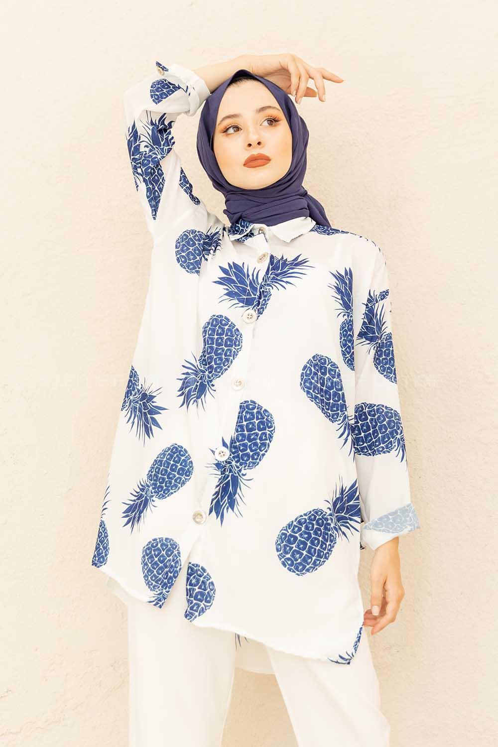 Modalamelif  Ananas Basklı Gömlek Saks Mavisi