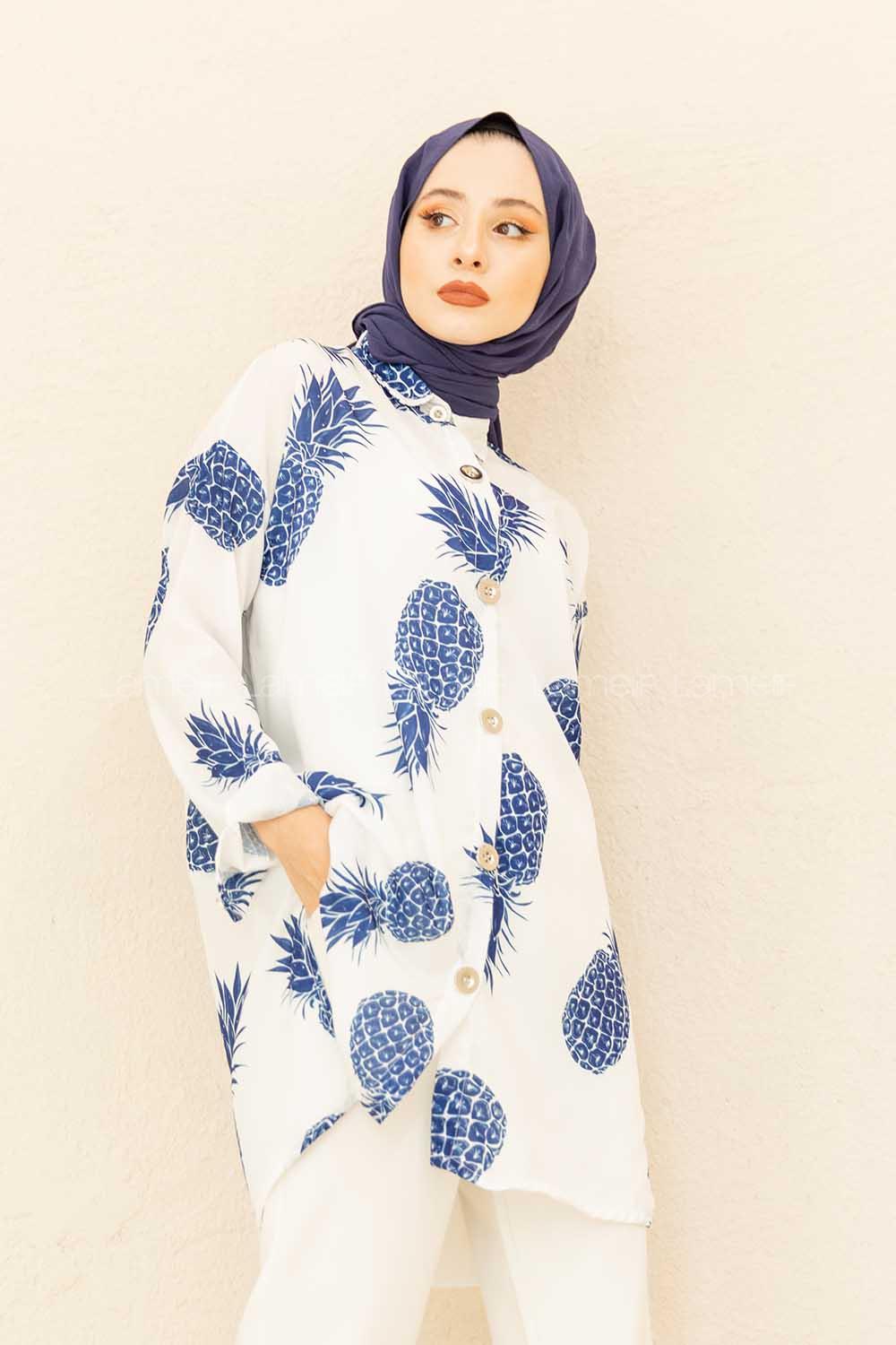 Modalamelif  Ananas Basklı Gömlek Saks Mavisi