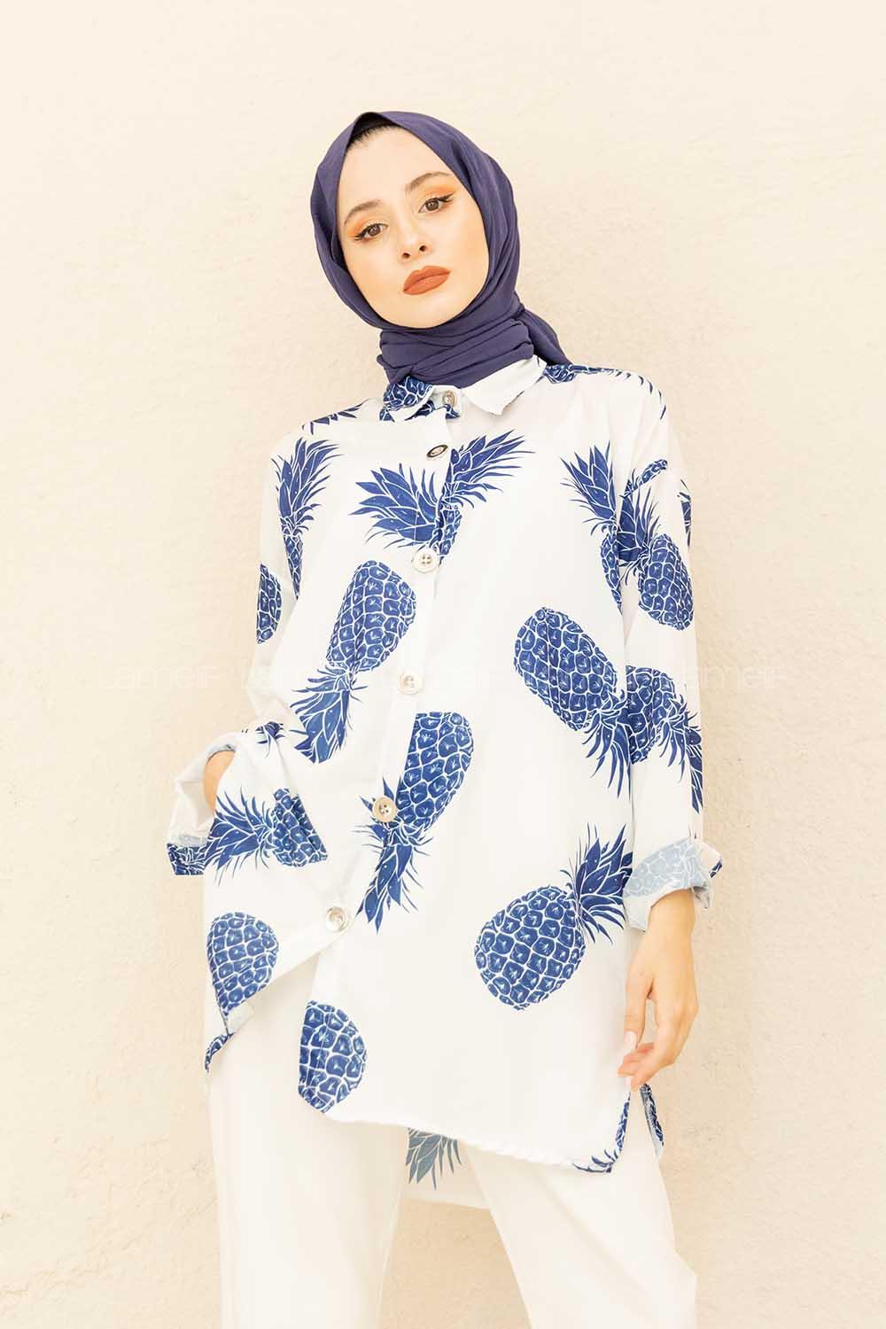 Modalamelif  Ananas Basklı Gömlek Saks Mavisi