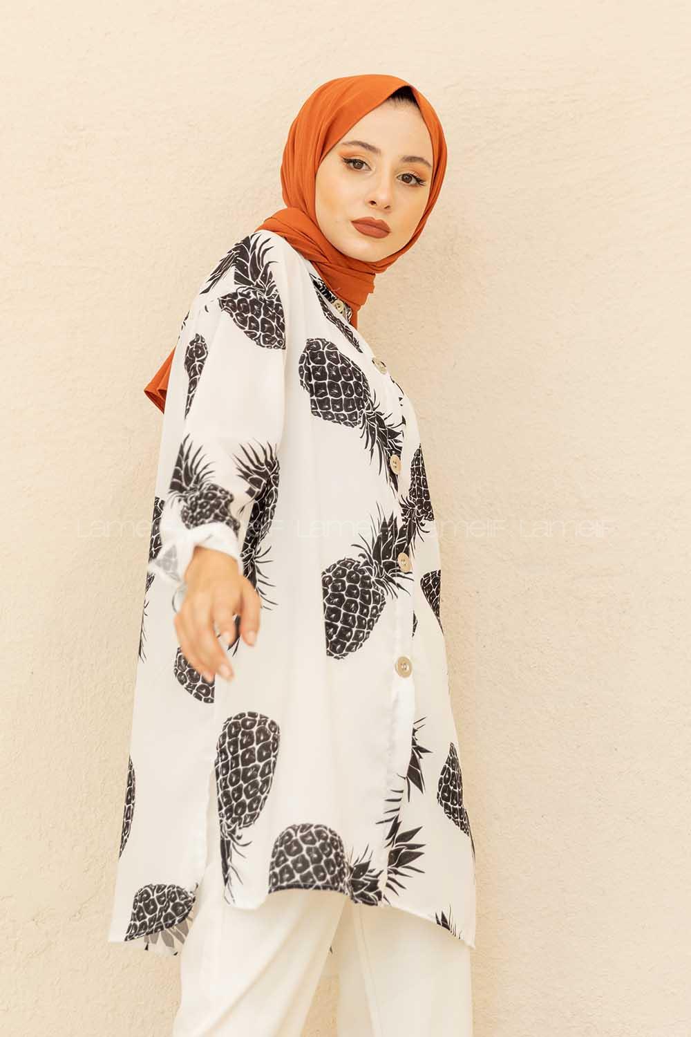 Modalamelif  Ananas Basklı Gömlek Siyah