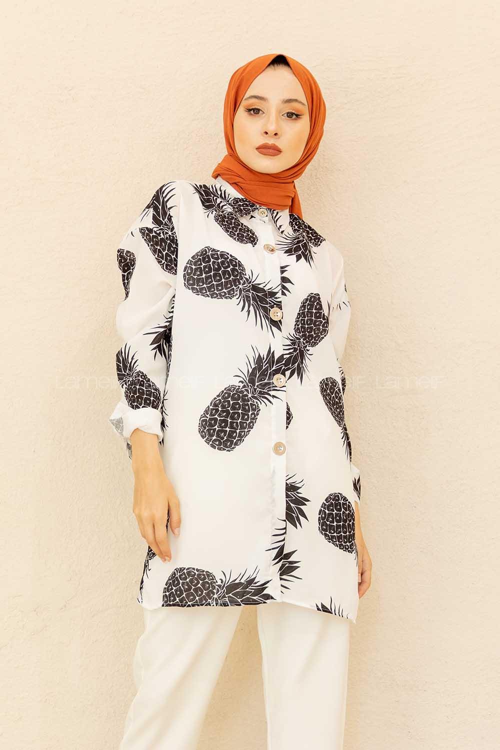 Modalamelif  Ananas Basklı Gömlek Siyah