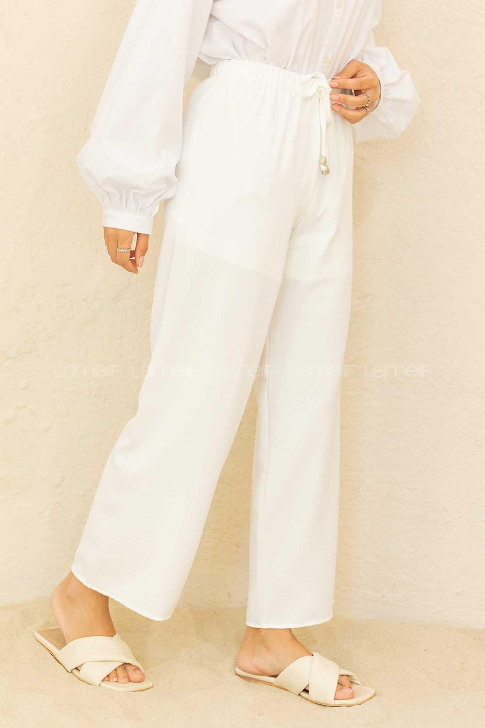Modalamelif Bel Lastikli Ayrobin Pantolon Beyaz