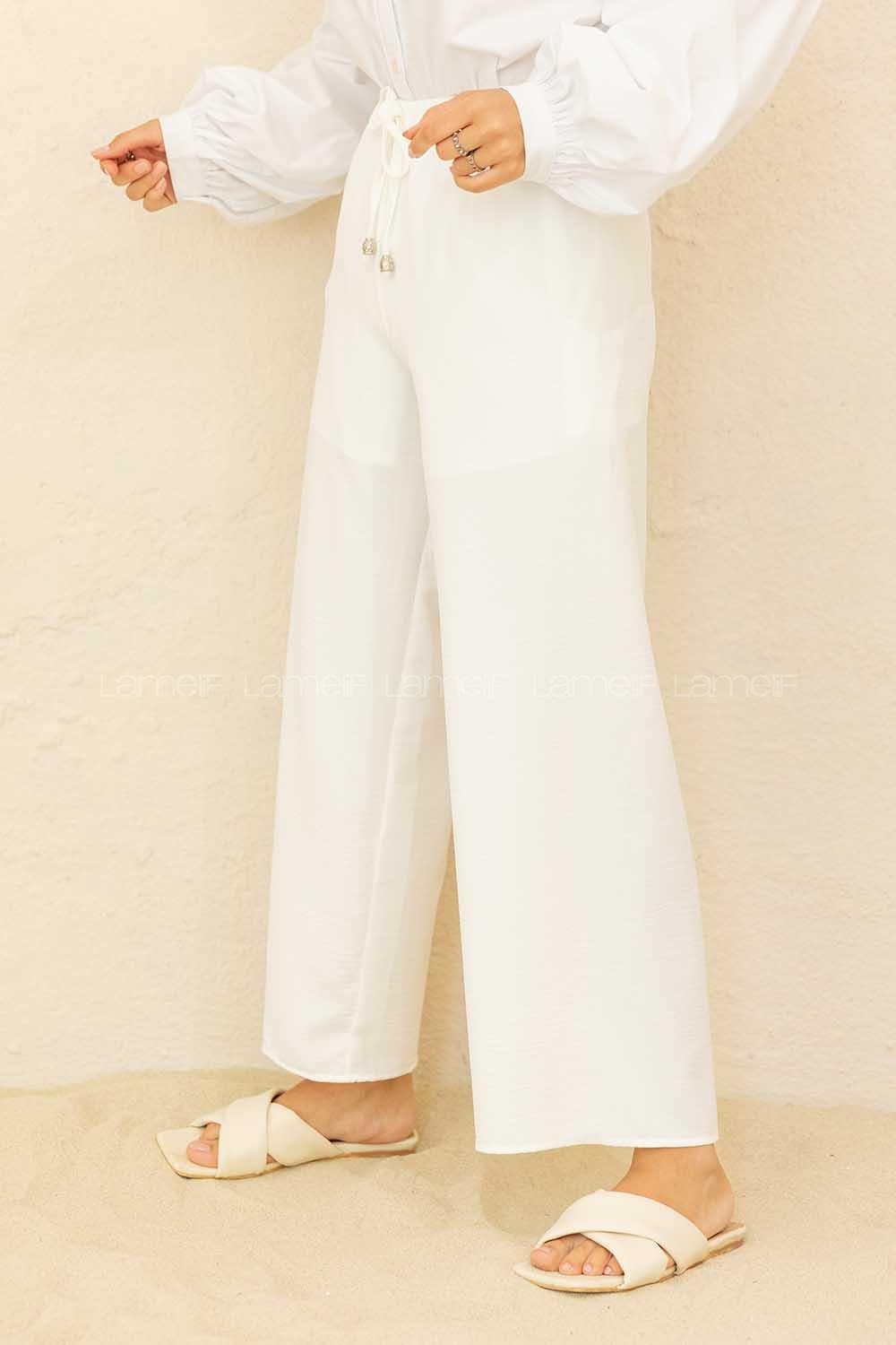 Modalamelif Bel Lastikli Ayrobin Pantolon Beyaz