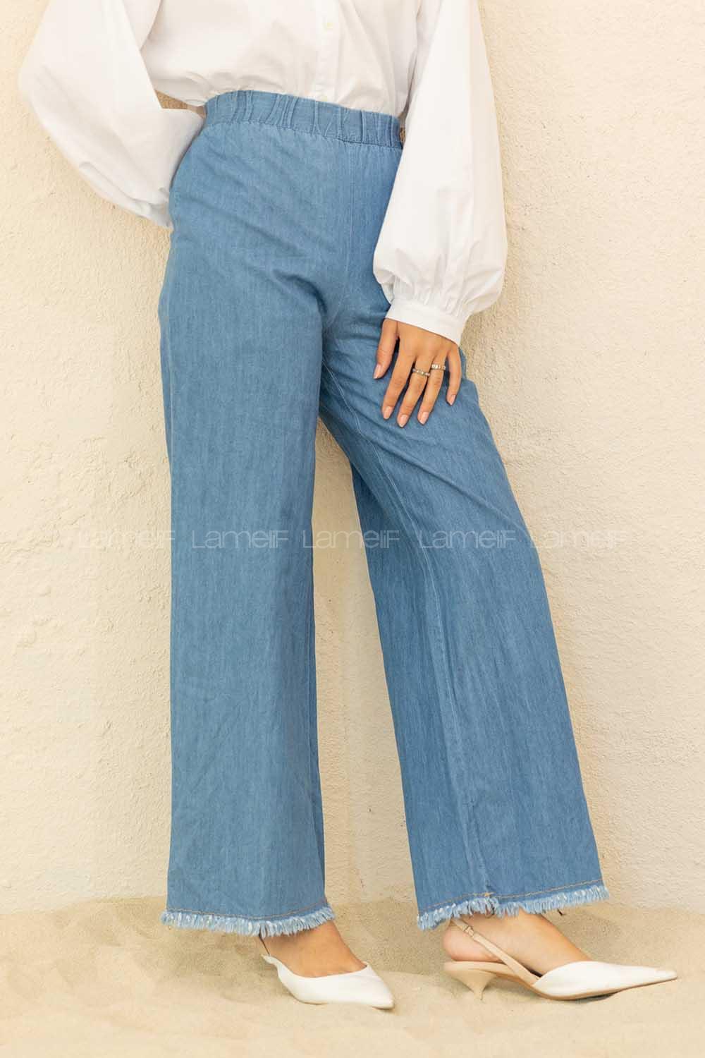 Modalamelif Bel Lastikli Paça Püskül  Pantolon Kot Mavisi