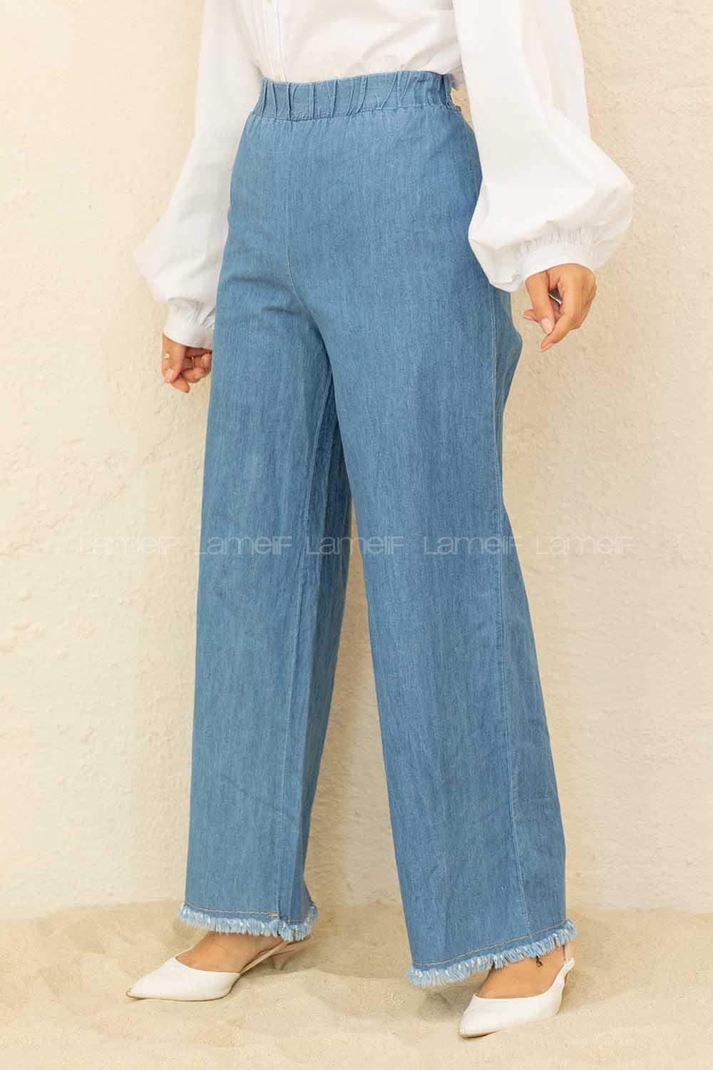 Modalamelif Bel Lastikli Paça Püskül  Pantolon Kot Mavisi