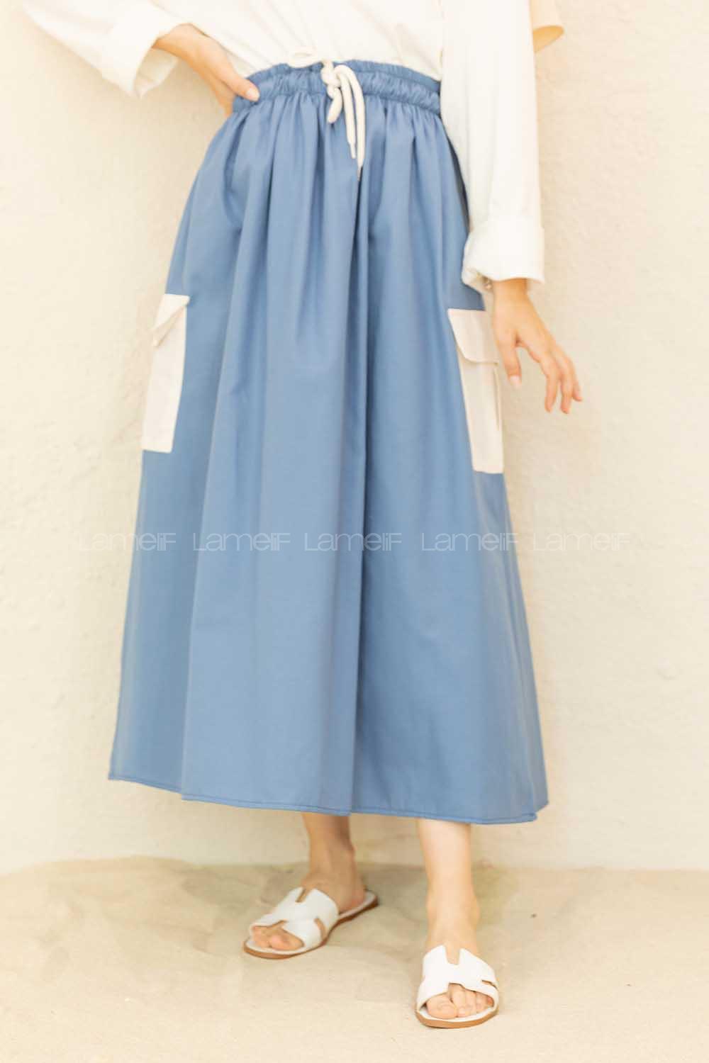 Modalamelif Beli Lastikli Cep Garnili Etek İndigo