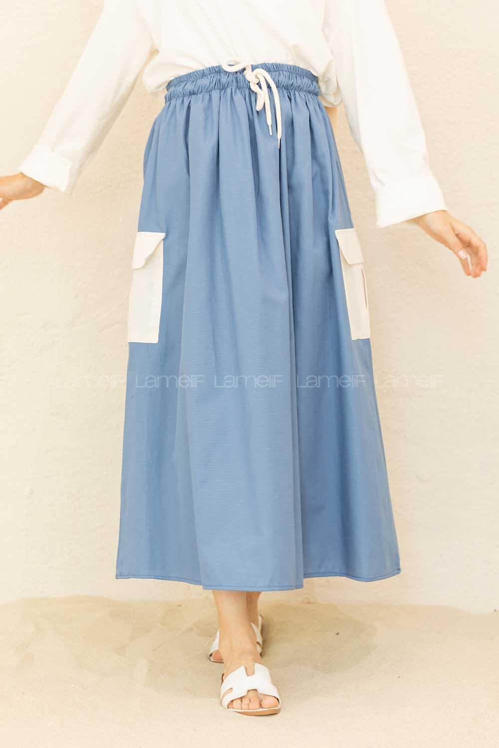 Modalamelif Beli Lastikli Cep Garnili Etek İndigo