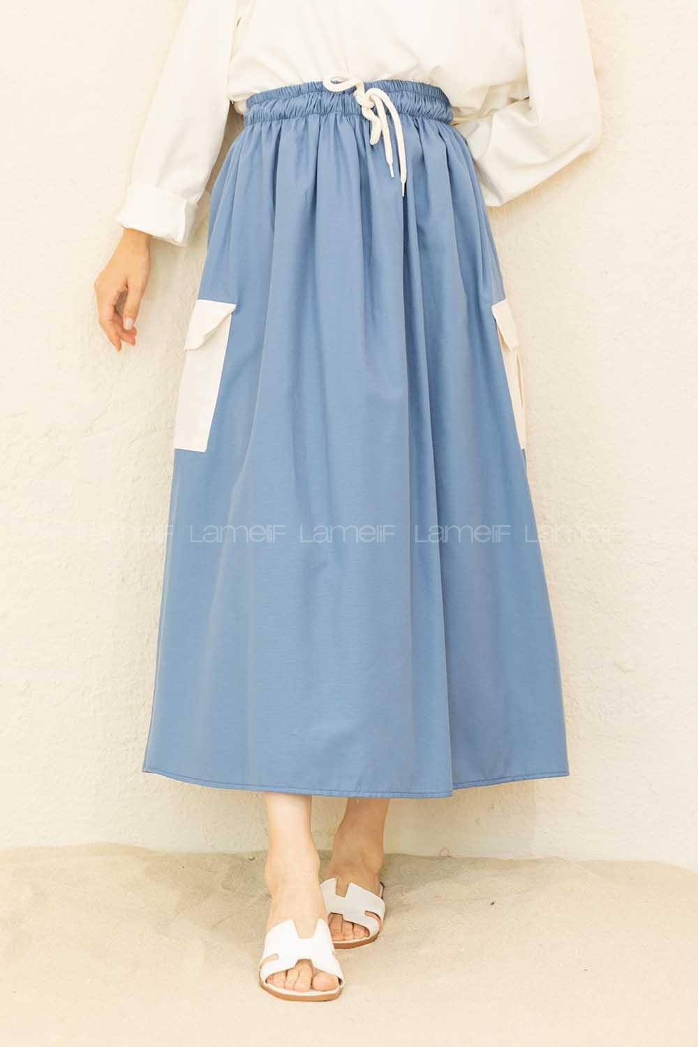 Modalamelif Beli Lastikli Cep Garnili Etek İndigo