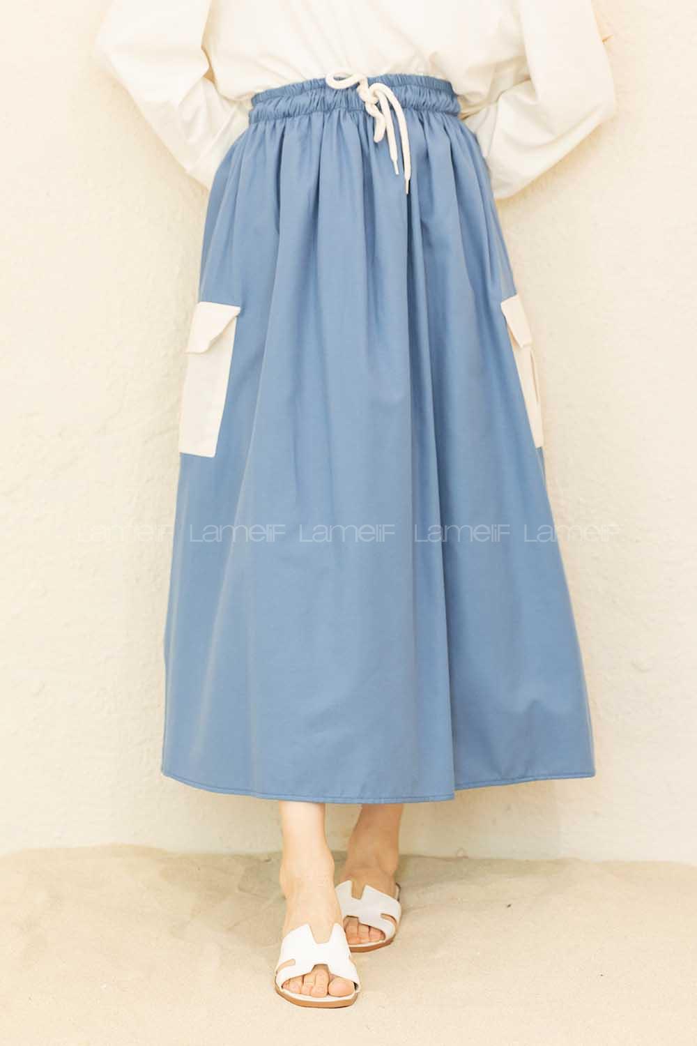 Modalamelif Beli Lastikli Cep Garnili Etek İndigo