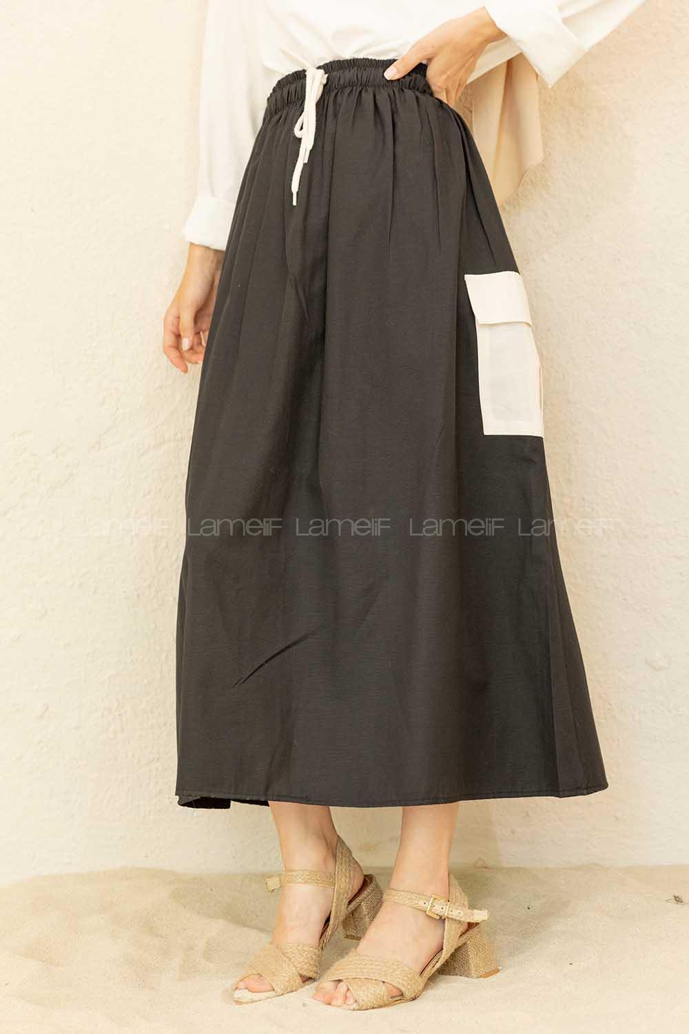 Modalamelif Beli Lastikli Cep Garnili Etek Siyah