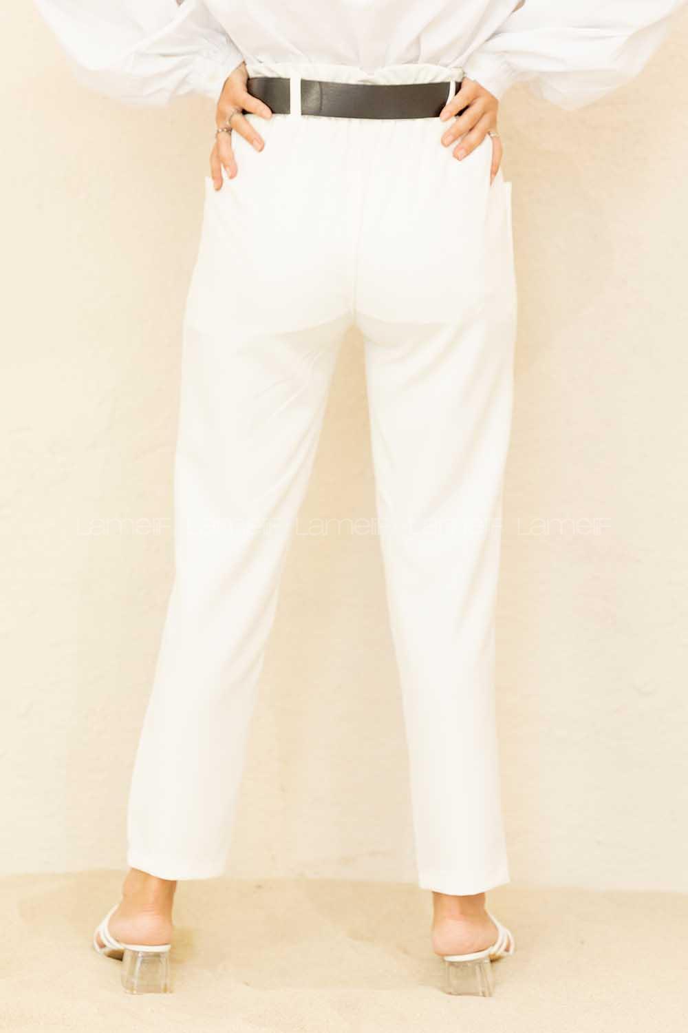 Modalamelif Beli Lastikli Geniş Kemerli Pantolon Beyaz