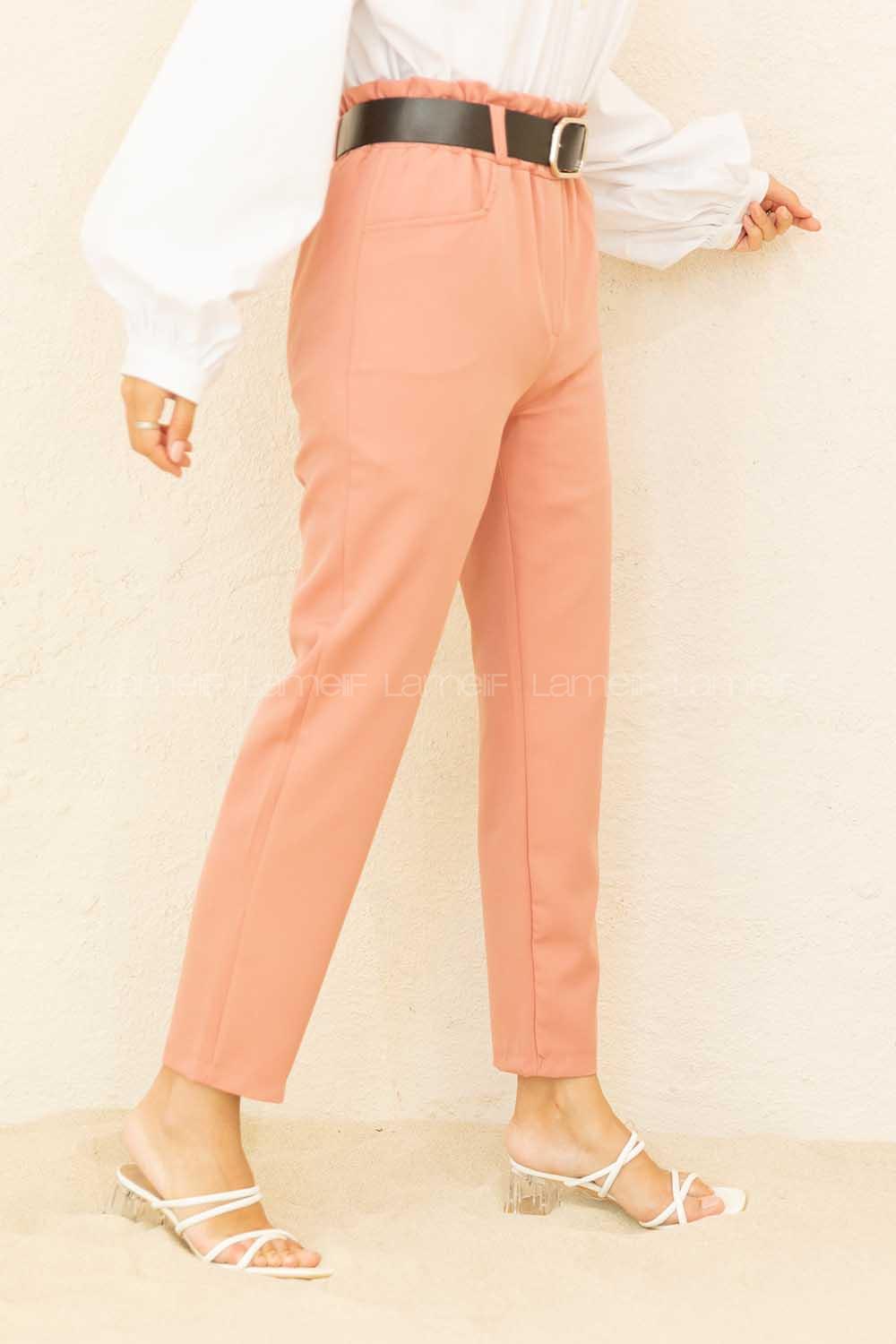 Modalamelif Beli Lastikli Geniş Kemerli Pantolon Gül