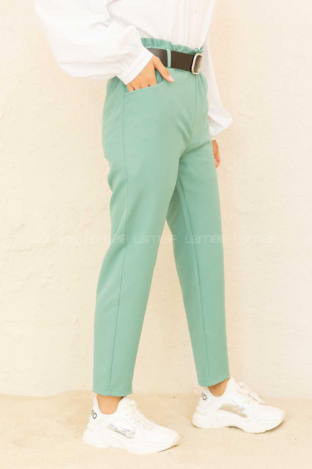Modalamelif Beli Lastikli Geniş Kemerli Pantolon Su Yeşili