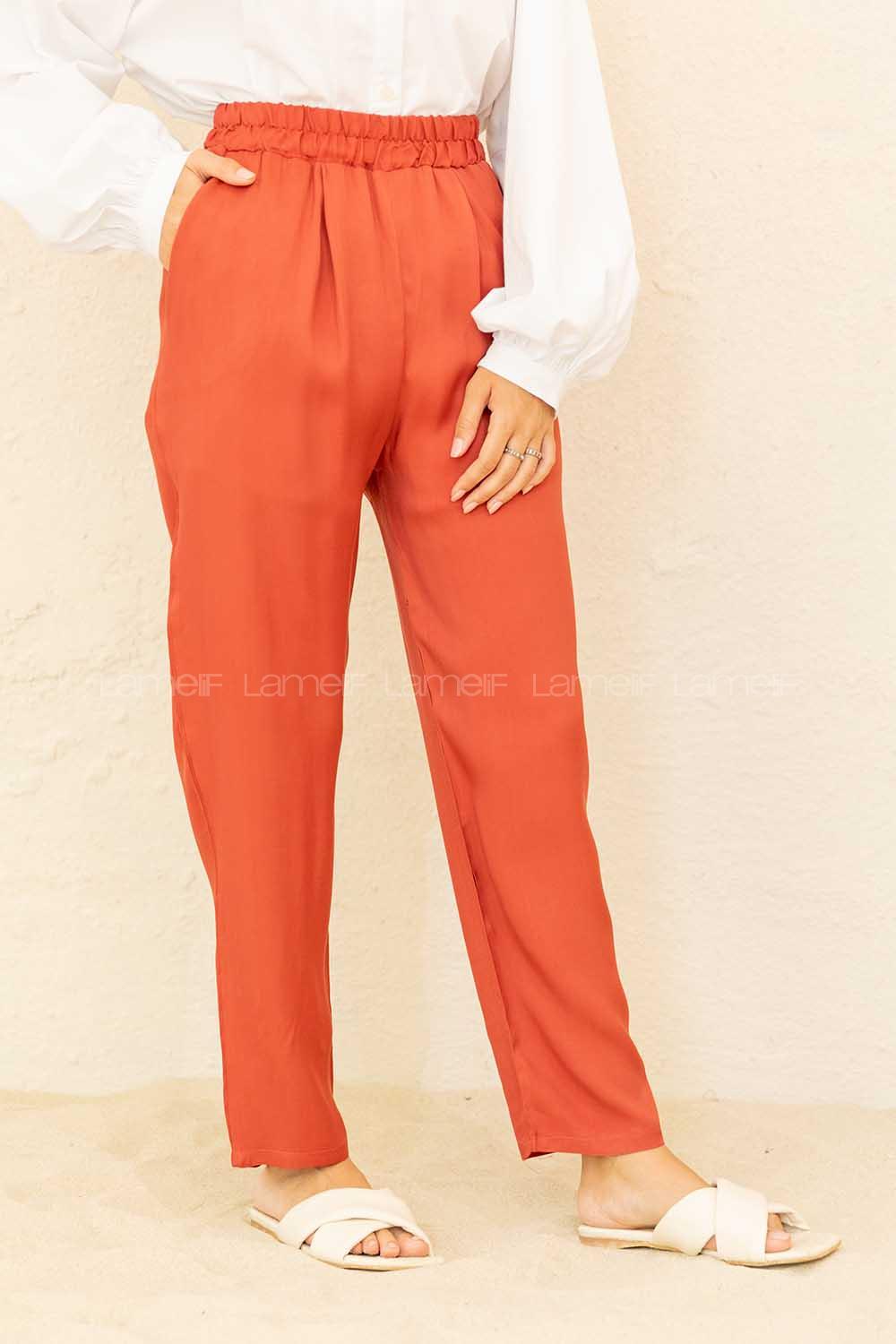 Modalamelif Beli Lastikli Rahat Pantolon Koyu Kiremit