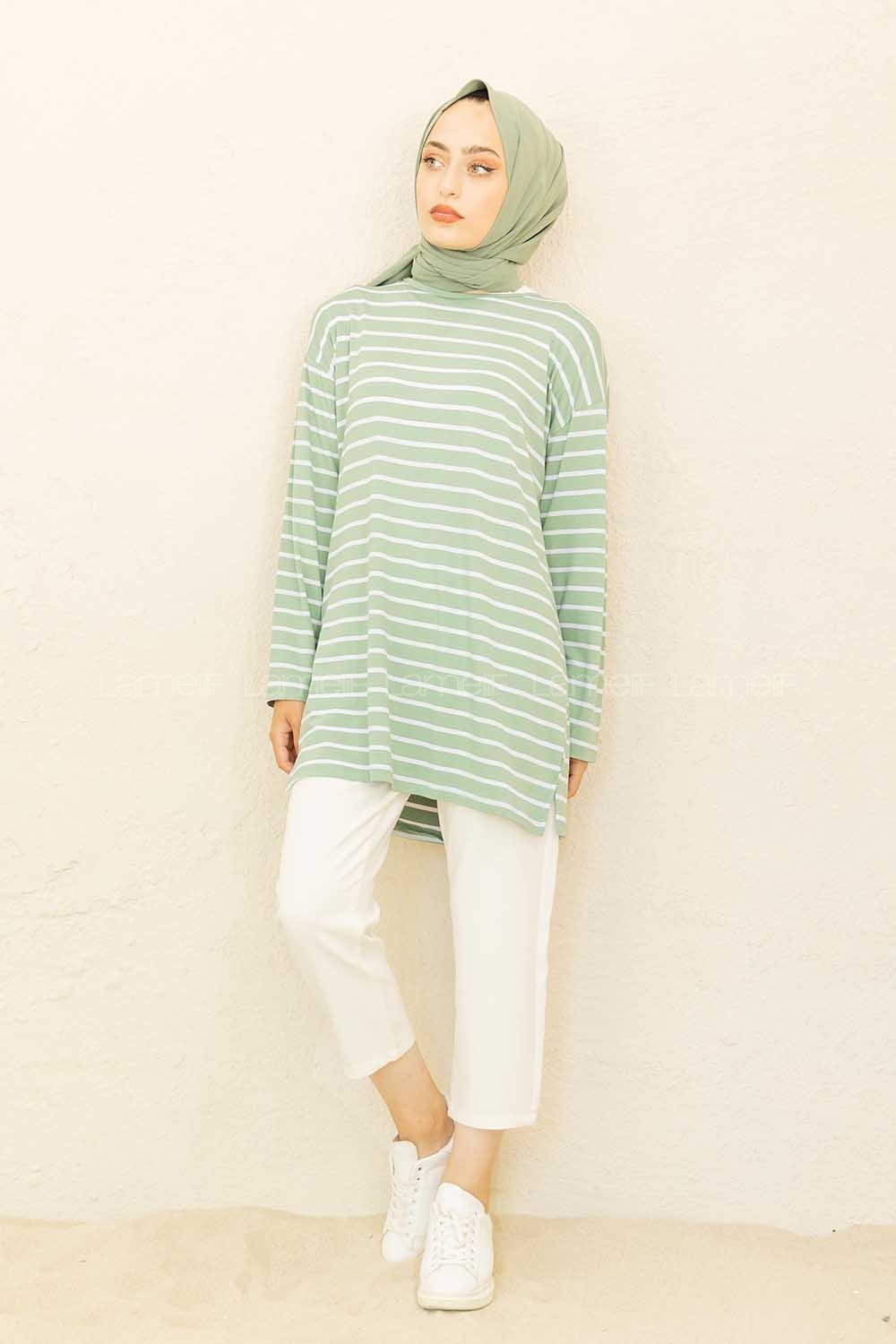 Modalamelif Çizgili Tunik Çağla Yeşili