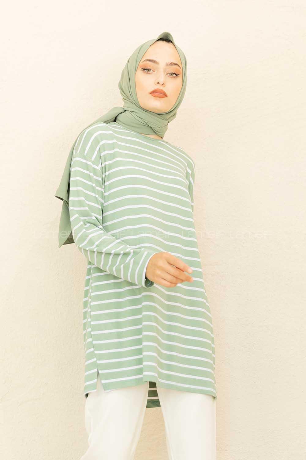 Modalamelif Çizgili Tunik Çağla Yeşili