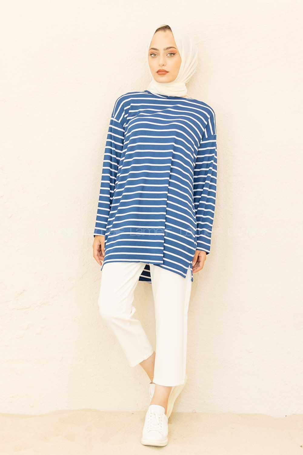 Modalamelif Çizgili Tunik İndigo