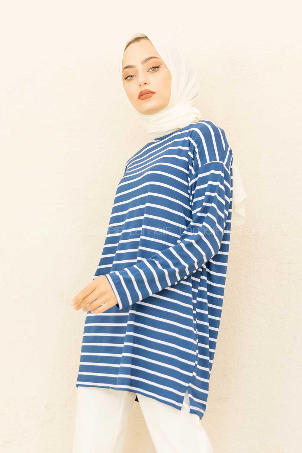 Modalamelif Çizgili Tunik İndigo