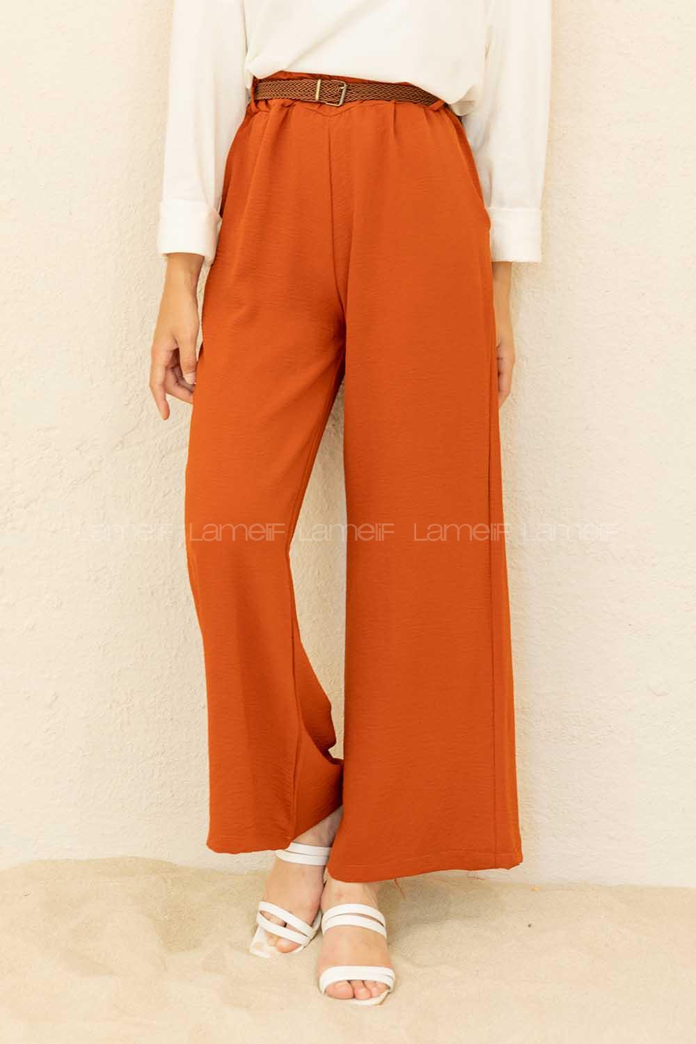 Modalamelif Hasır Kemerli Ayrobin  Pantalon Kiremit