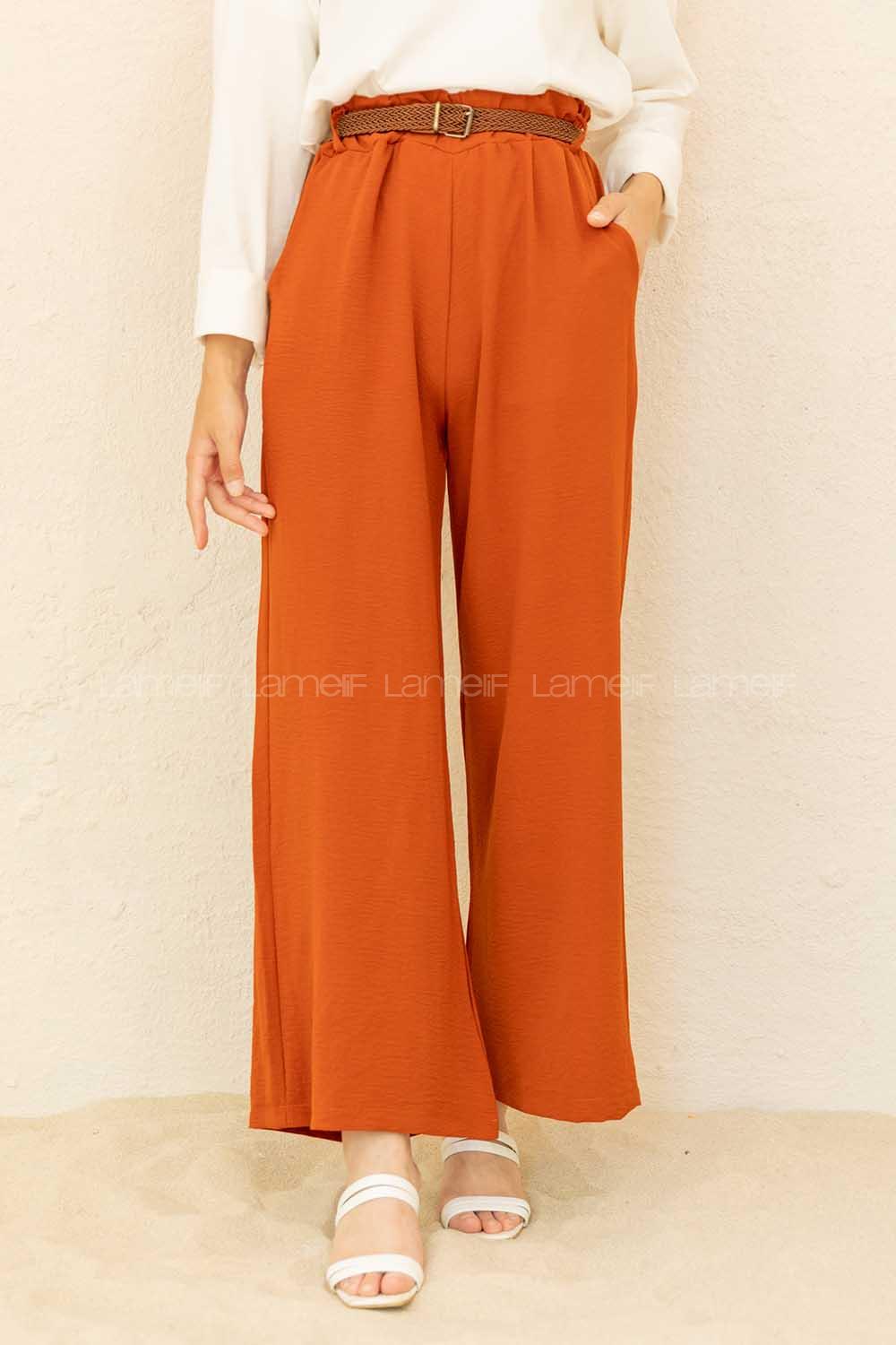 Modalamelif Hasır Kemerli Ayrobin  Pantalon Kiremit