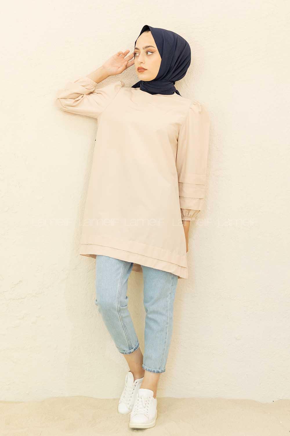 Modalamelif Karpuz Kol Etek Katlı Tunik Bej