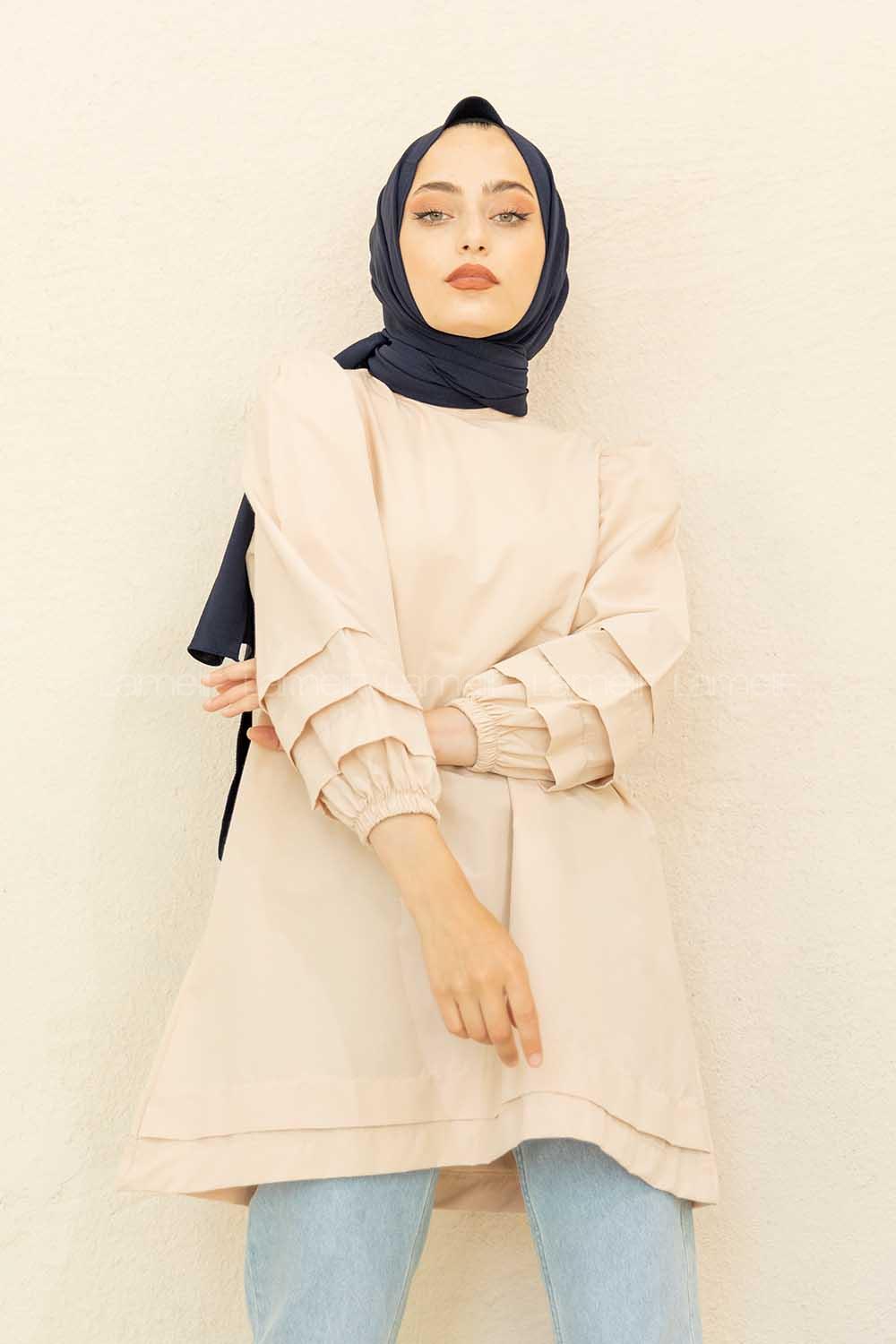 Modalamelif Karpuz Kol Etek Katlı Tunik Bej