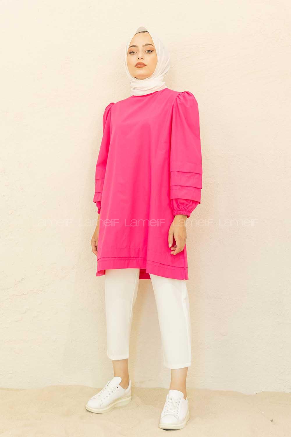 Modalamelif Karpuz Kol Etek Katlı Tunik Fuşya