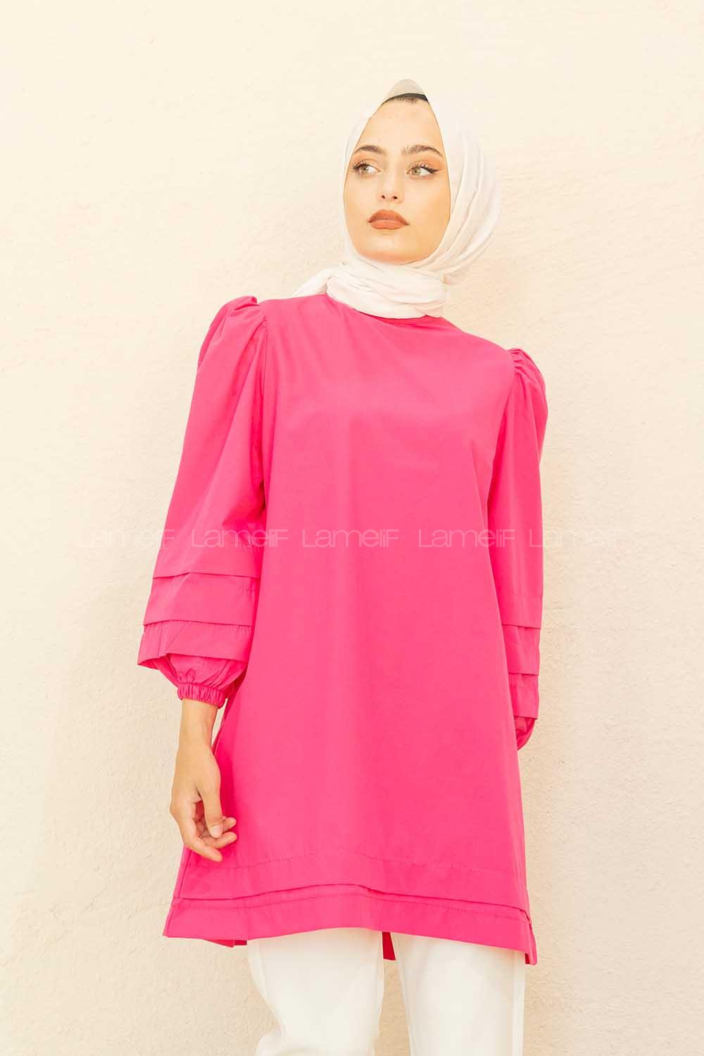 Modalamelif Karpuz Kol Etek Katlı Tunik Fuşya