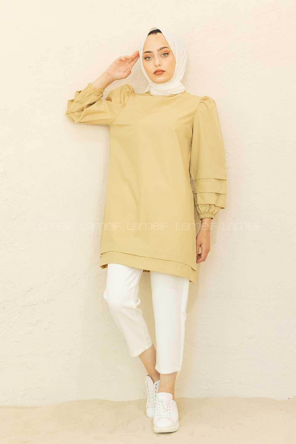 Modalamelif Karpuz Kol Etek Katlı Tunik Yağ Yeşili