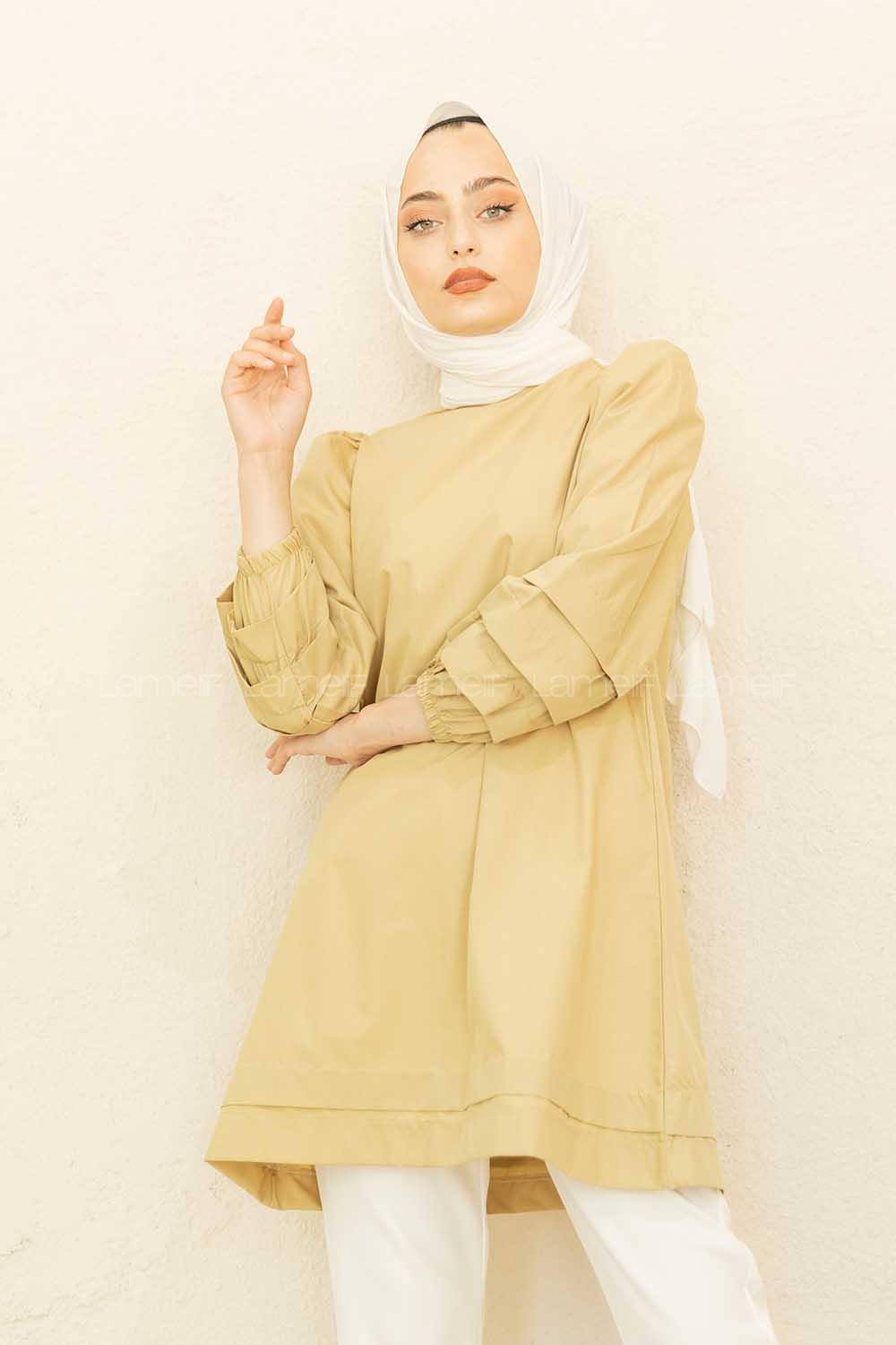 Modalamelif Karpuz Kol Etek Katlı Tunik Yağ Yeşili