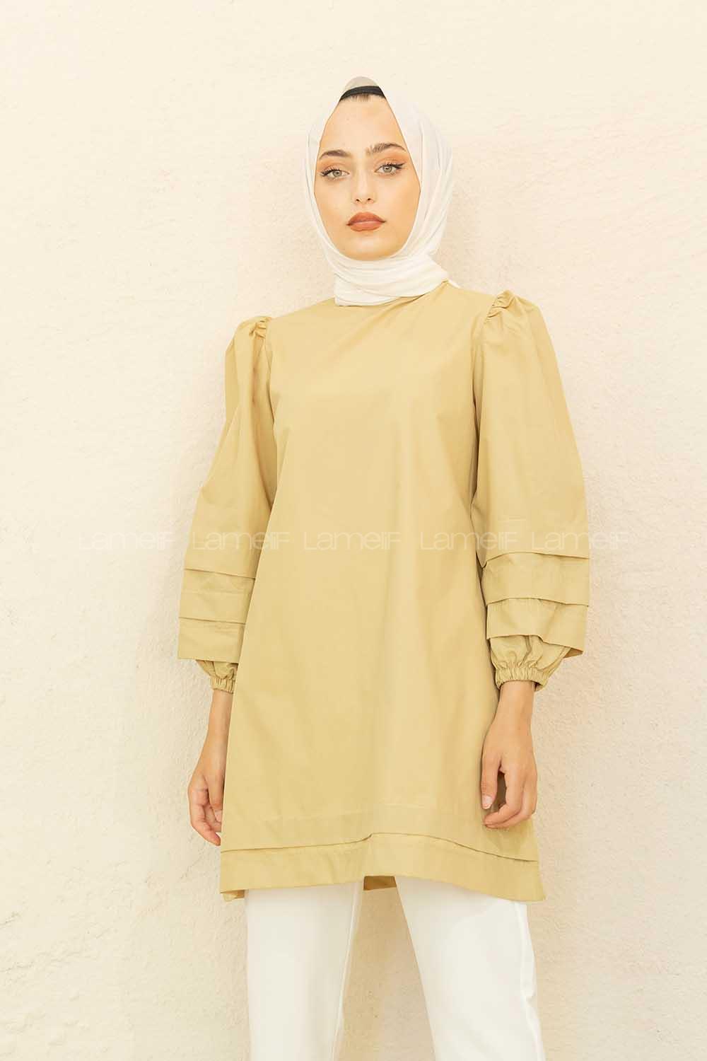 Modalamelif Karpuz Kol Etek Katlı Tunik Yağ Yeşili