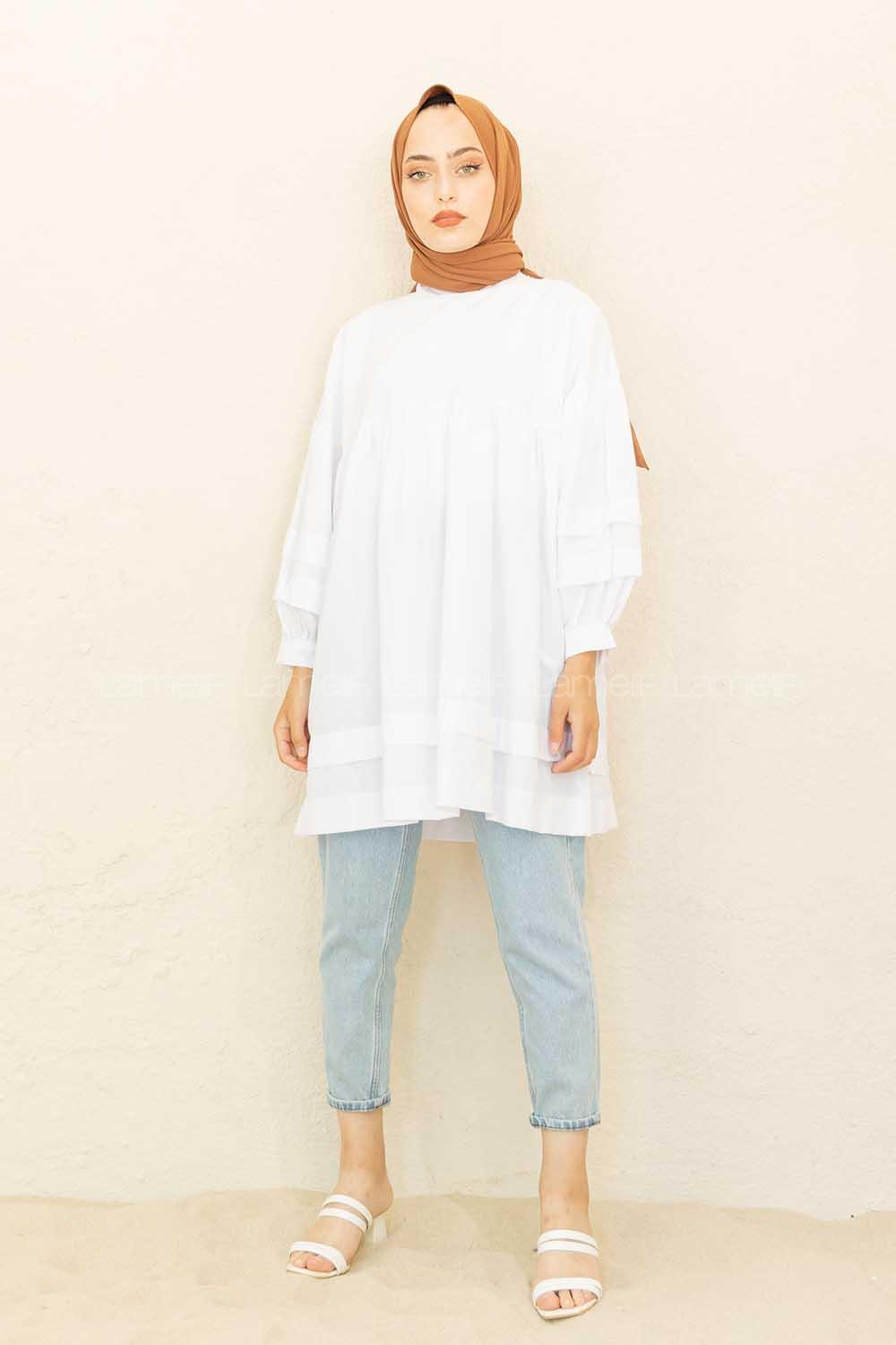 Modalamelif Kol Fırfırlı Tunik Beyaz