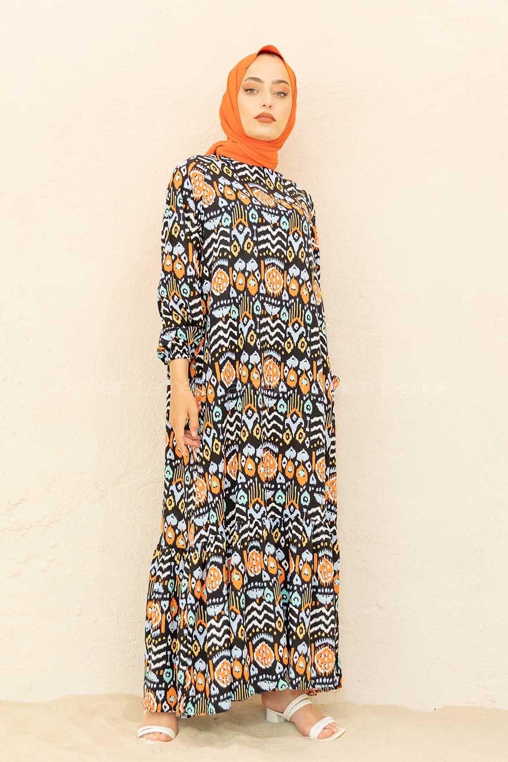 Modalamelif Kol Lastikli Desenli Elbise Oranj