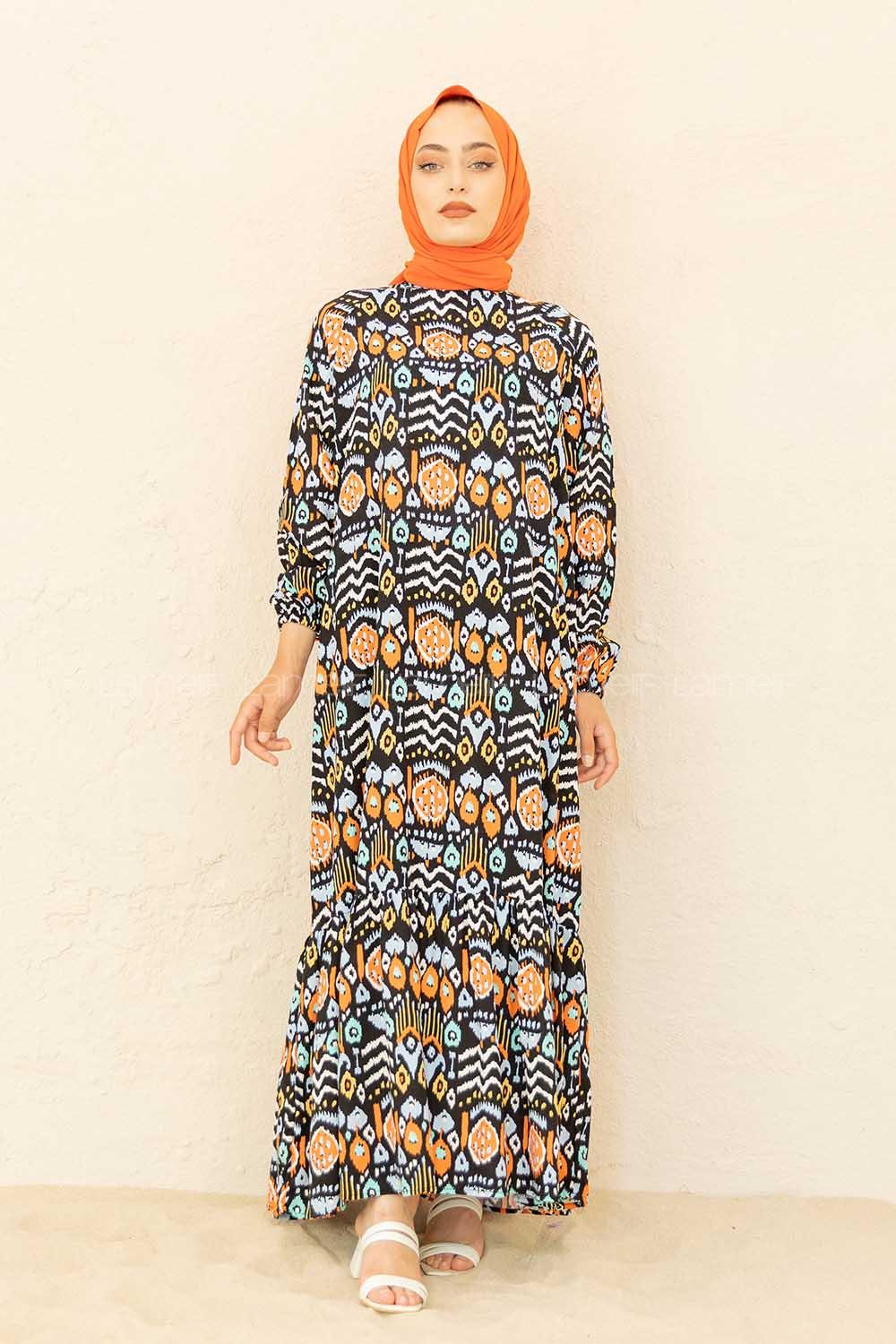 Modalamelif Kol Lastikli Desenli Elbise Oranj