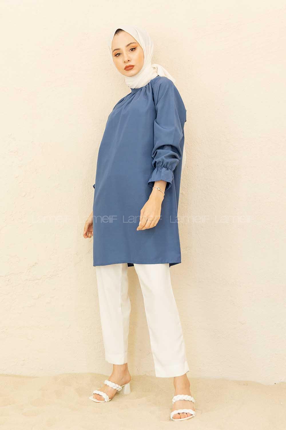 Modalamelif Kol Lastikli Hakim Yaka Tunik İndigo