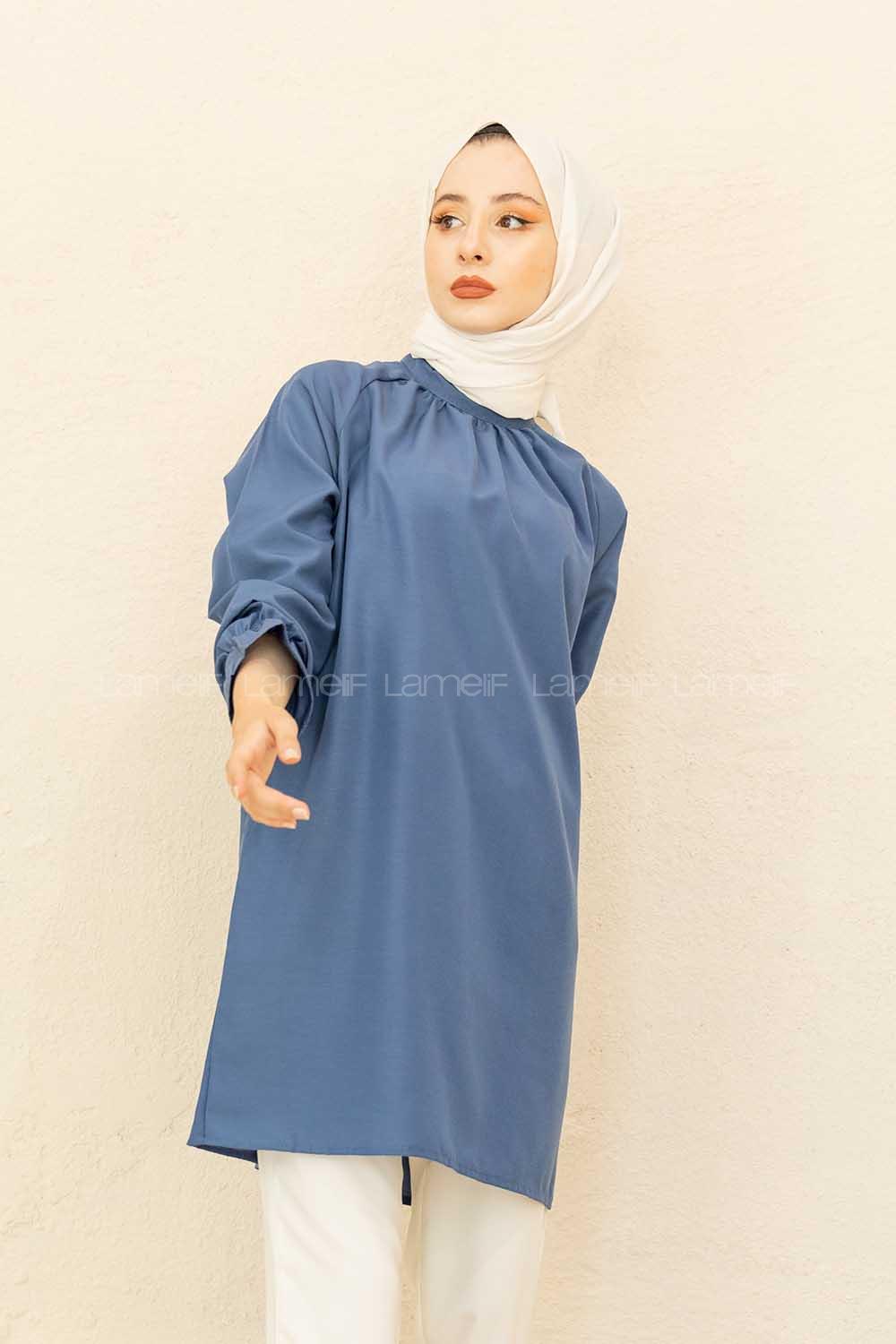 Modalamelif Kol Lastikli Hakim Yaka Tunik İndigo