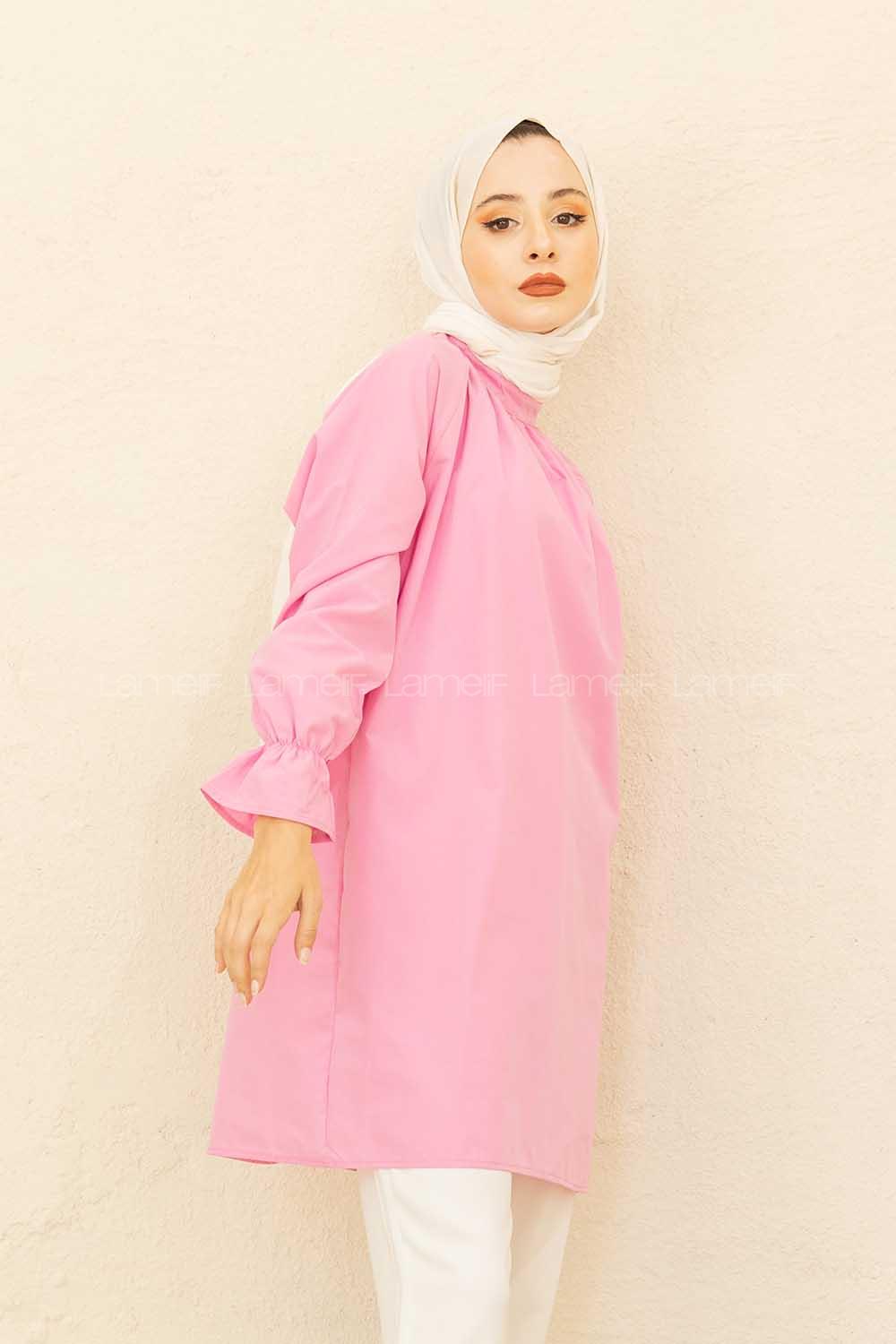 Modalamelif Kol Lastikli Hakim Yaka Tunik Pembe