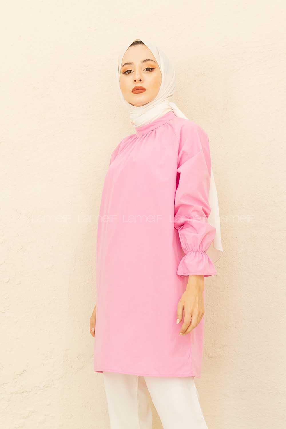 Modalamelif Kol Lastikli Hakim Yaka Tunik Pembe
