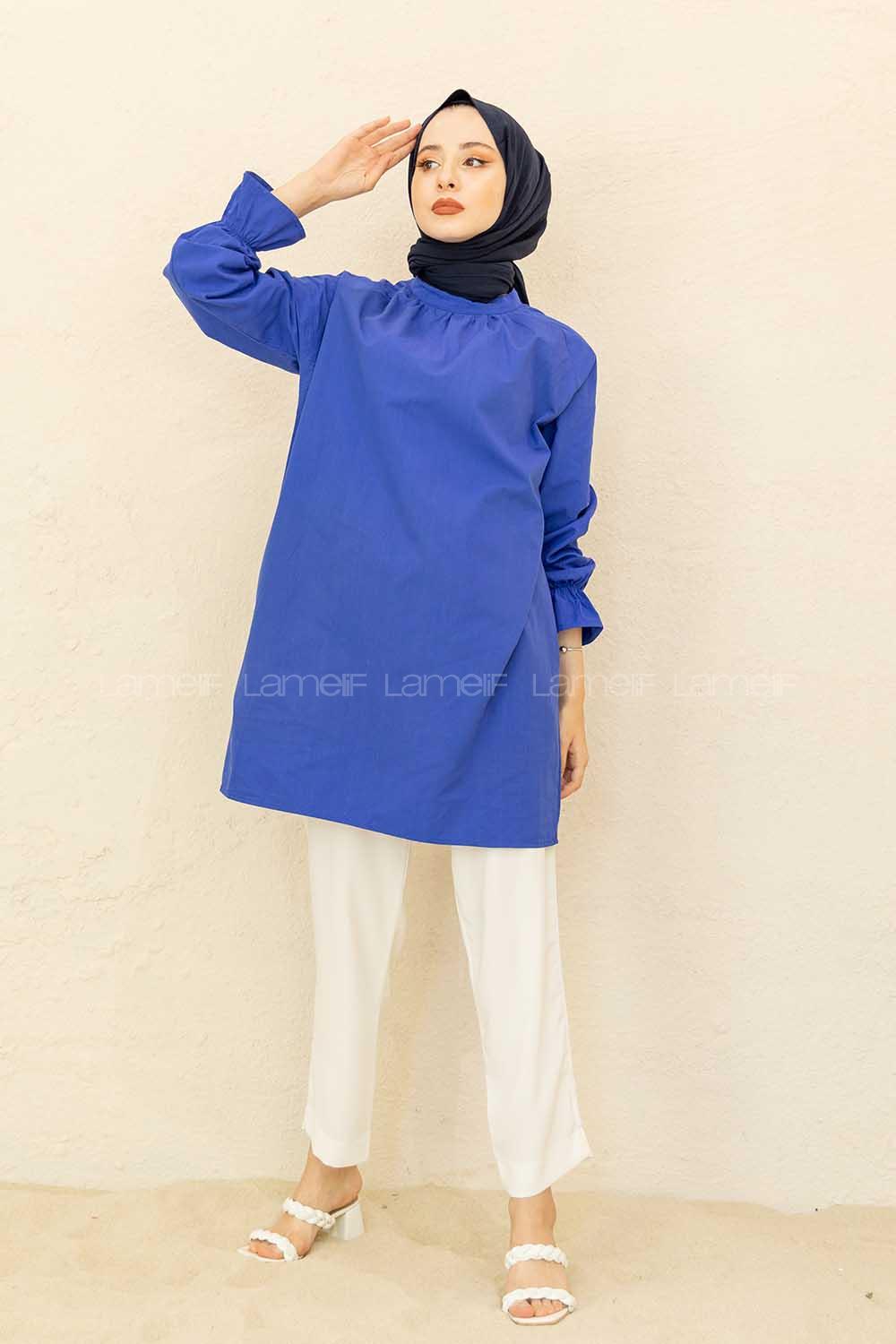 Modalamelif Kol Lastikli Hakim Yaka Tunik Saks Mavi