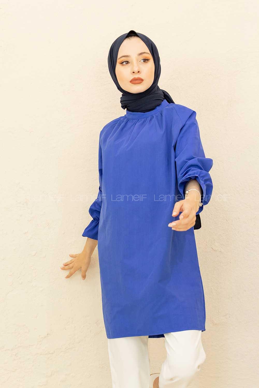 Modalamelif Kol Lastikli Hakim Yaka Tunik Saks Mavi