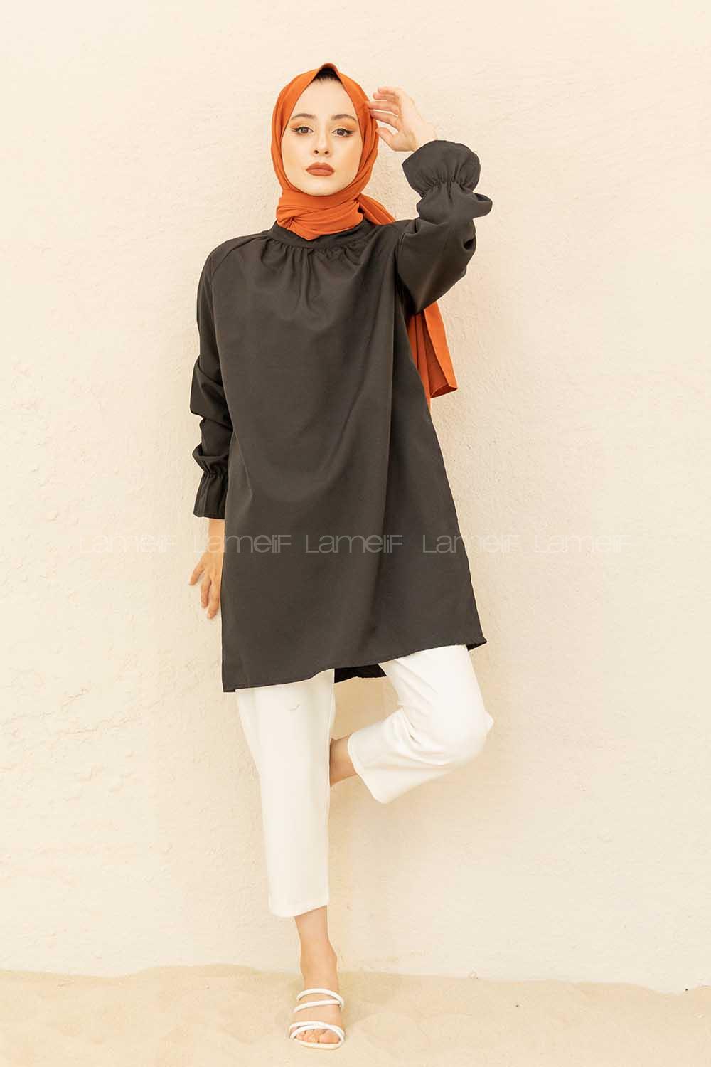 Modalamelif Kol Lastikli Hakim Yaka Tunik Siyah