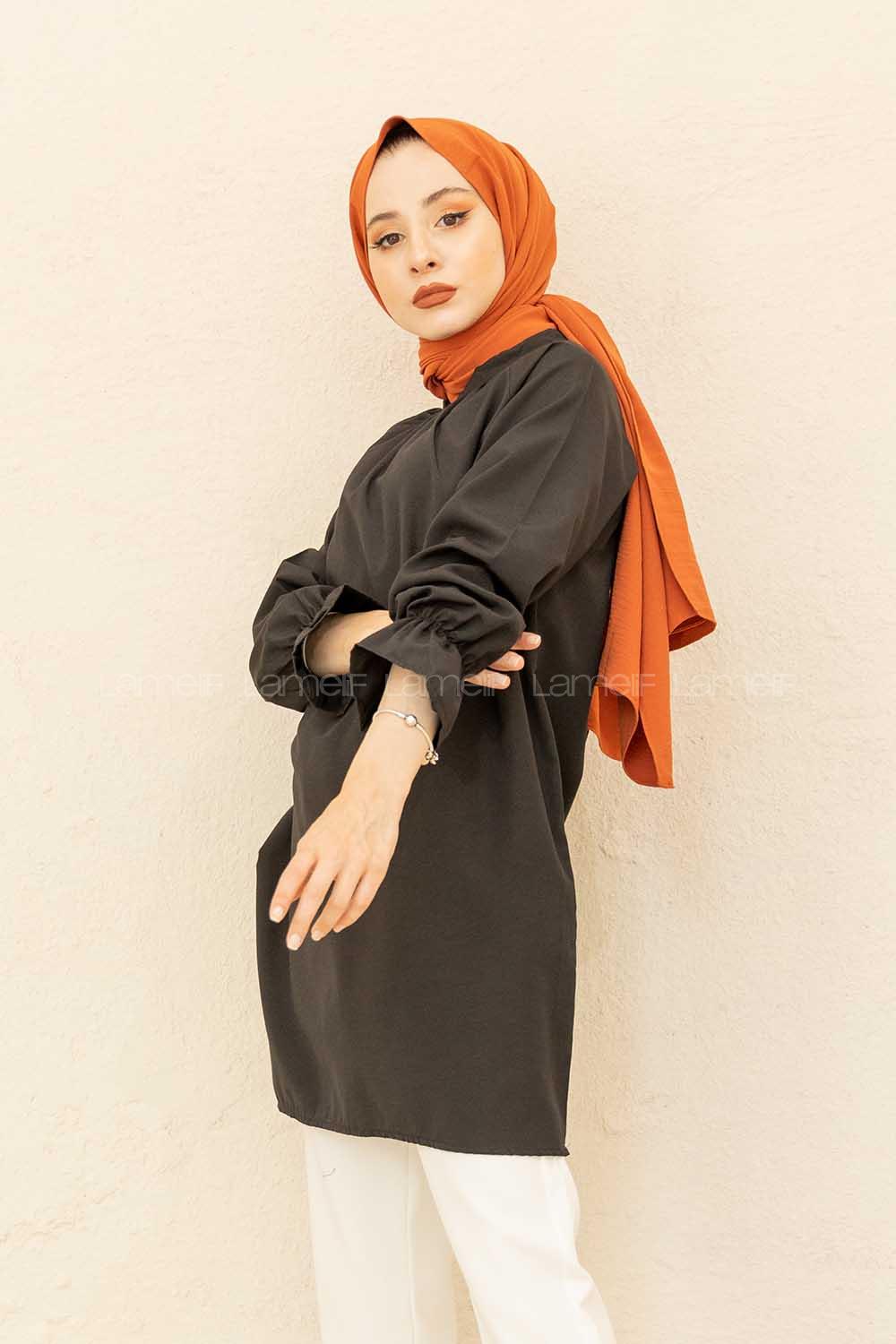 Modalamelif Kol Lastikli Hakim Yaka Tunik Siyah