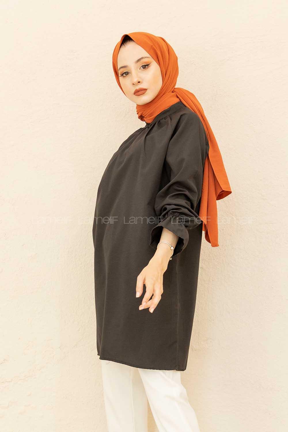 Modalamelif Kol Lastikli Hakim Yaka Tunik Siyah