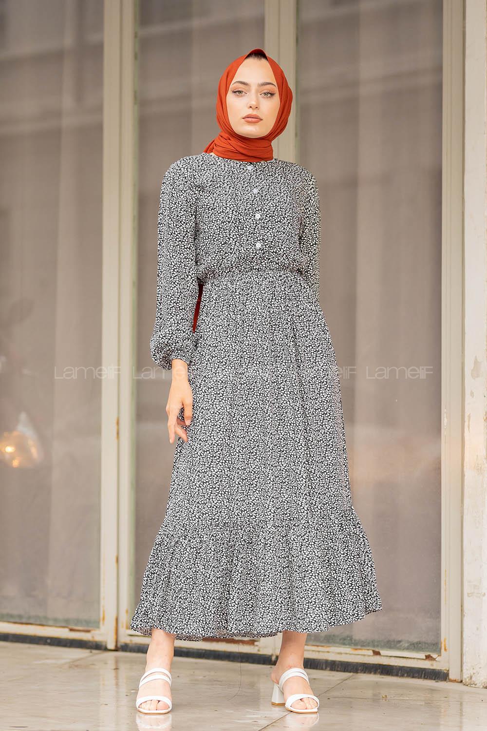 Modalamelif Mini Yaprak Desenli Elbise Siyah